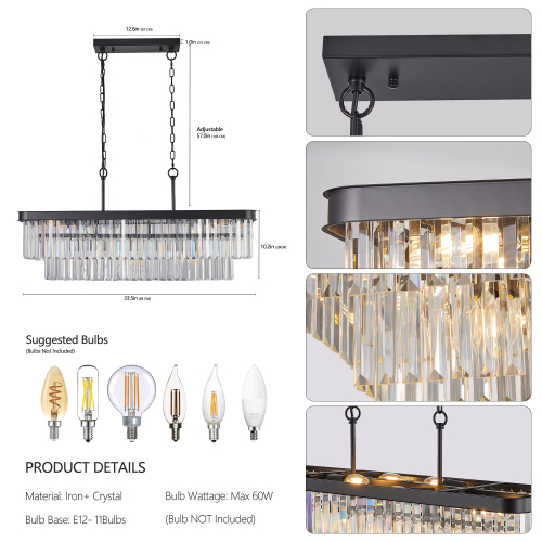 Chandeliers,Rectangular Crystal Chandelier Adjustable,E12 Modern Industrial Crystal Lights,Farmhouse Iron Ceiling Hanging Light for Kitchen Living Room Bedroom/Black(Bulb Not Included)、、eastwooduniform