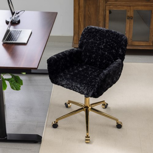 A&A Furniture Office Chair,Artificial rabbit hair Home Office Chair with Golden Metal Base,Adjustable Desk Chair Swivel Office Chair,Vanity Chair(Orange)、、casual
