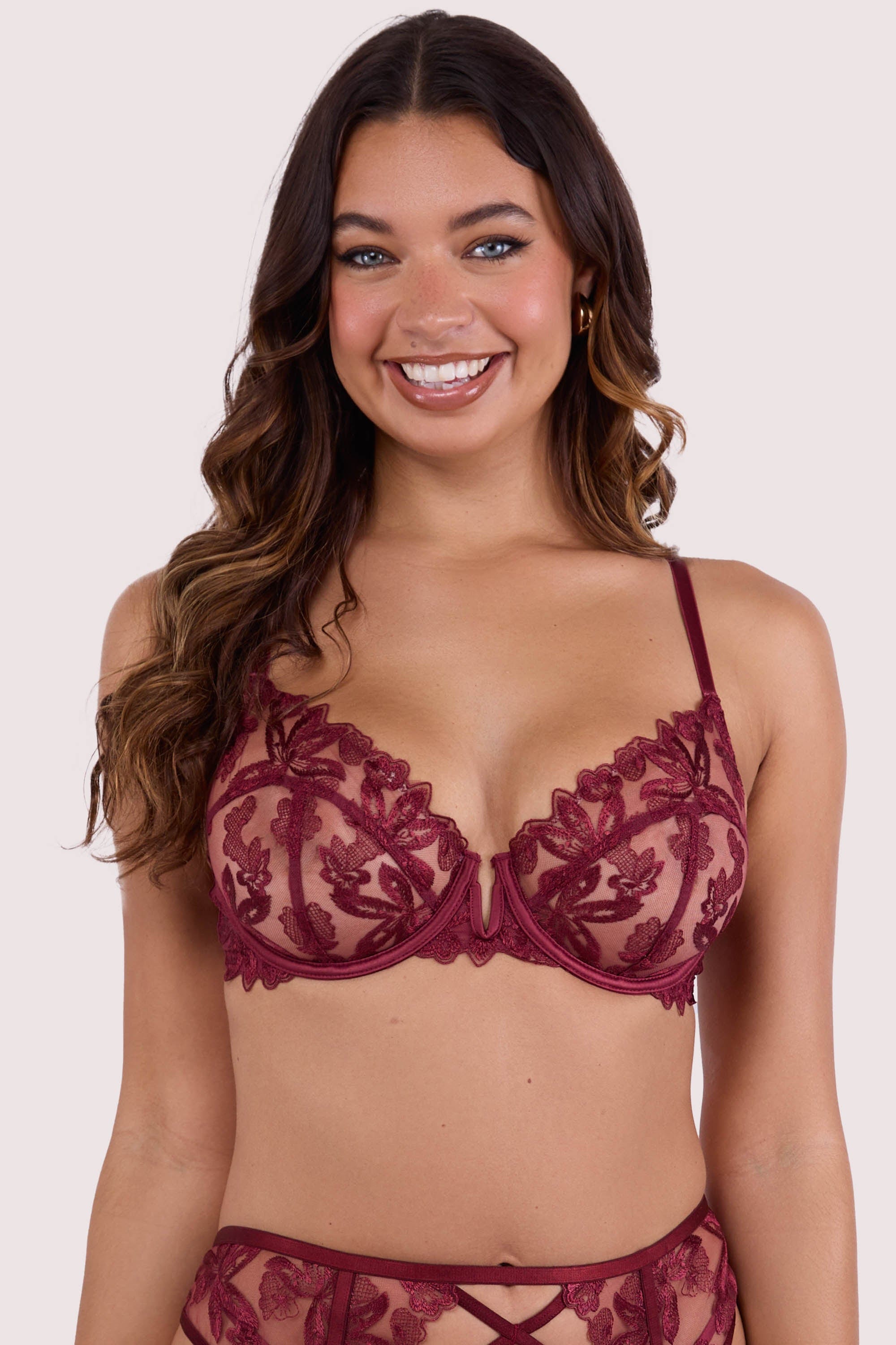 Eva Dark Cherry Graphic Embroidery Balconette Bra、mySite、bengalsvssteelers