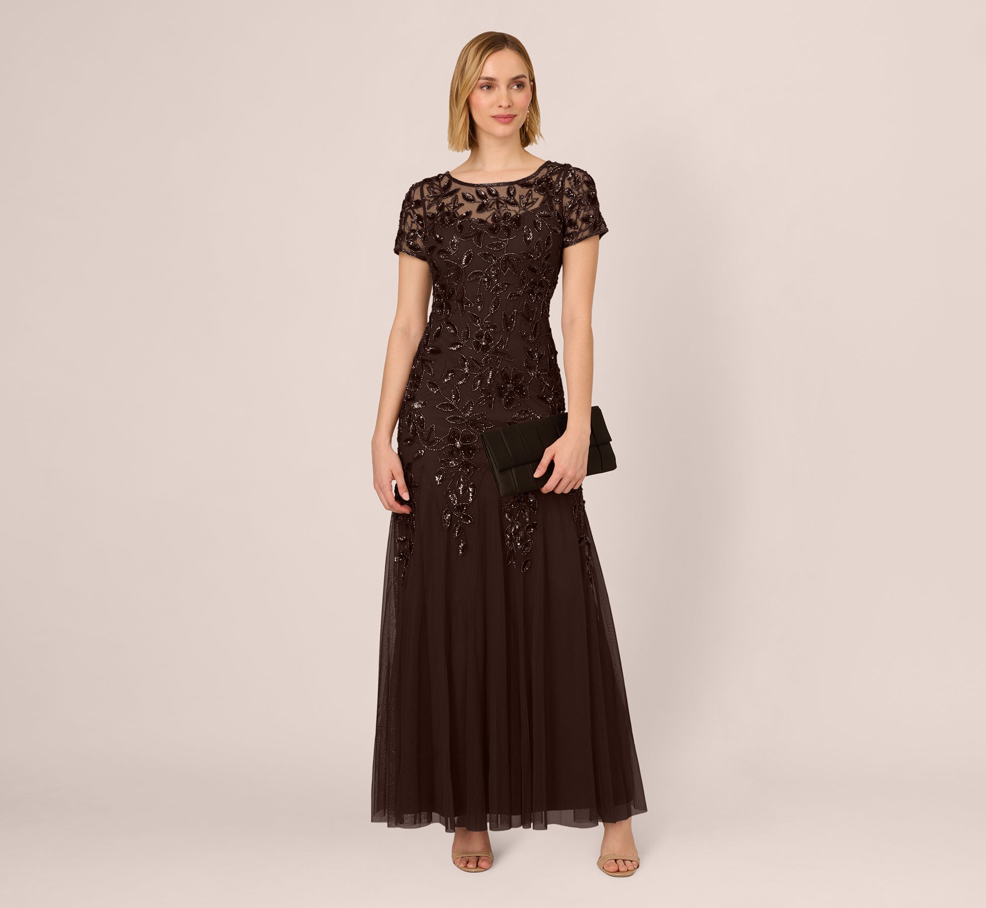 Hand Beaded Short Sleeve Floral Godet Gown In Chocolate、mySite、solidvoid