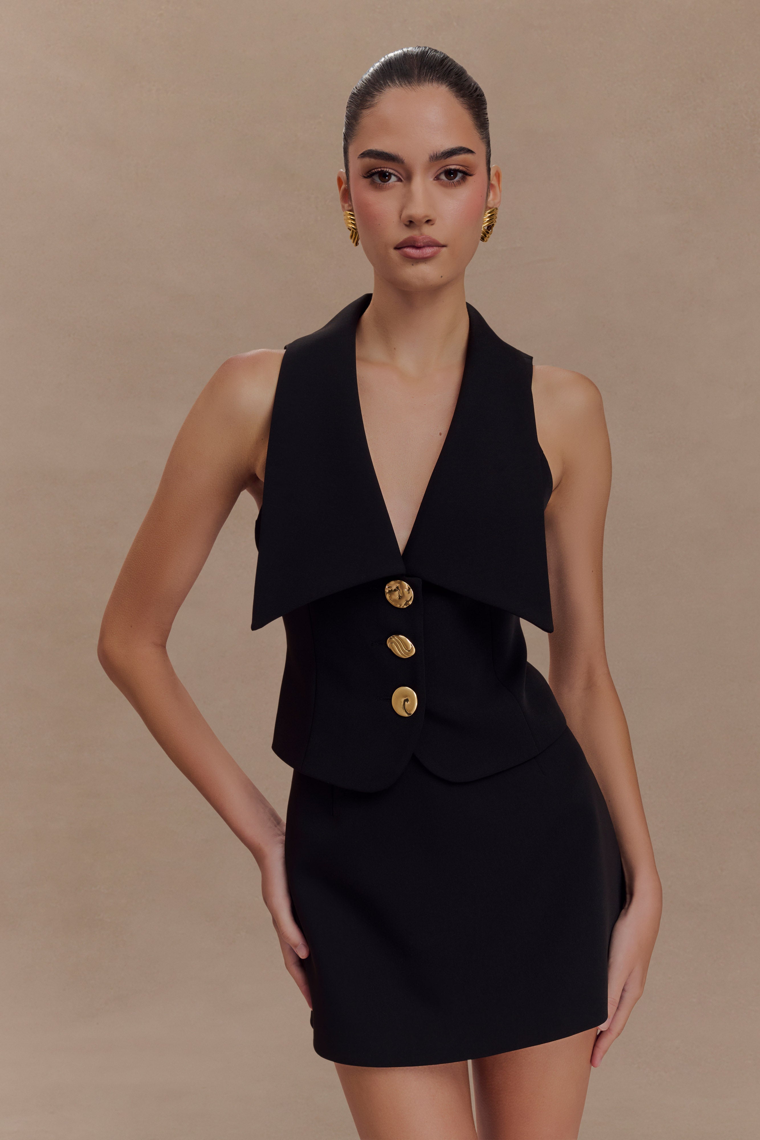 Alix Mixed Button Vest - Black、mySite、solidvoid