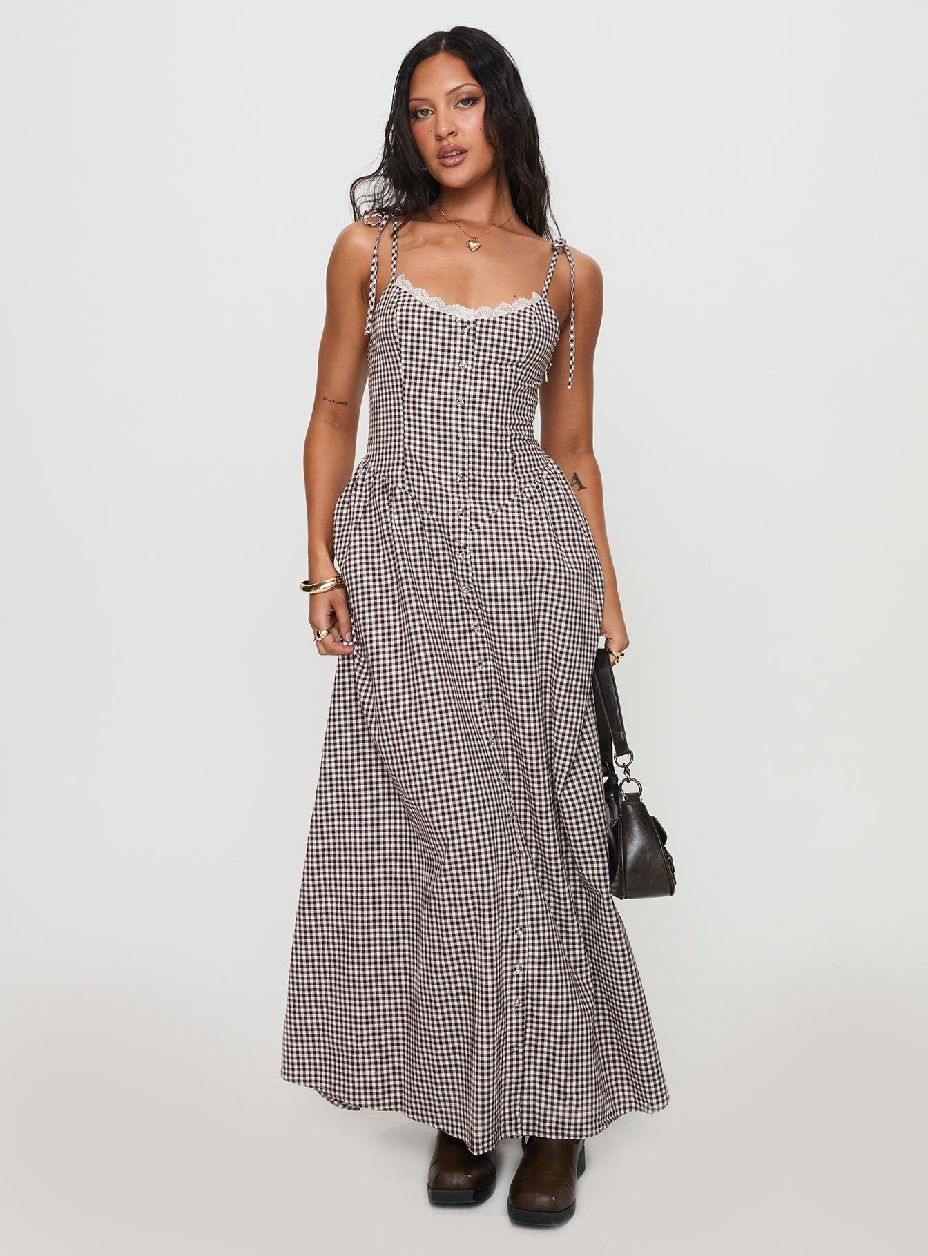 Dalanie Tie Strap Maxi Dress Brown Gingham、mySite、solidvoid