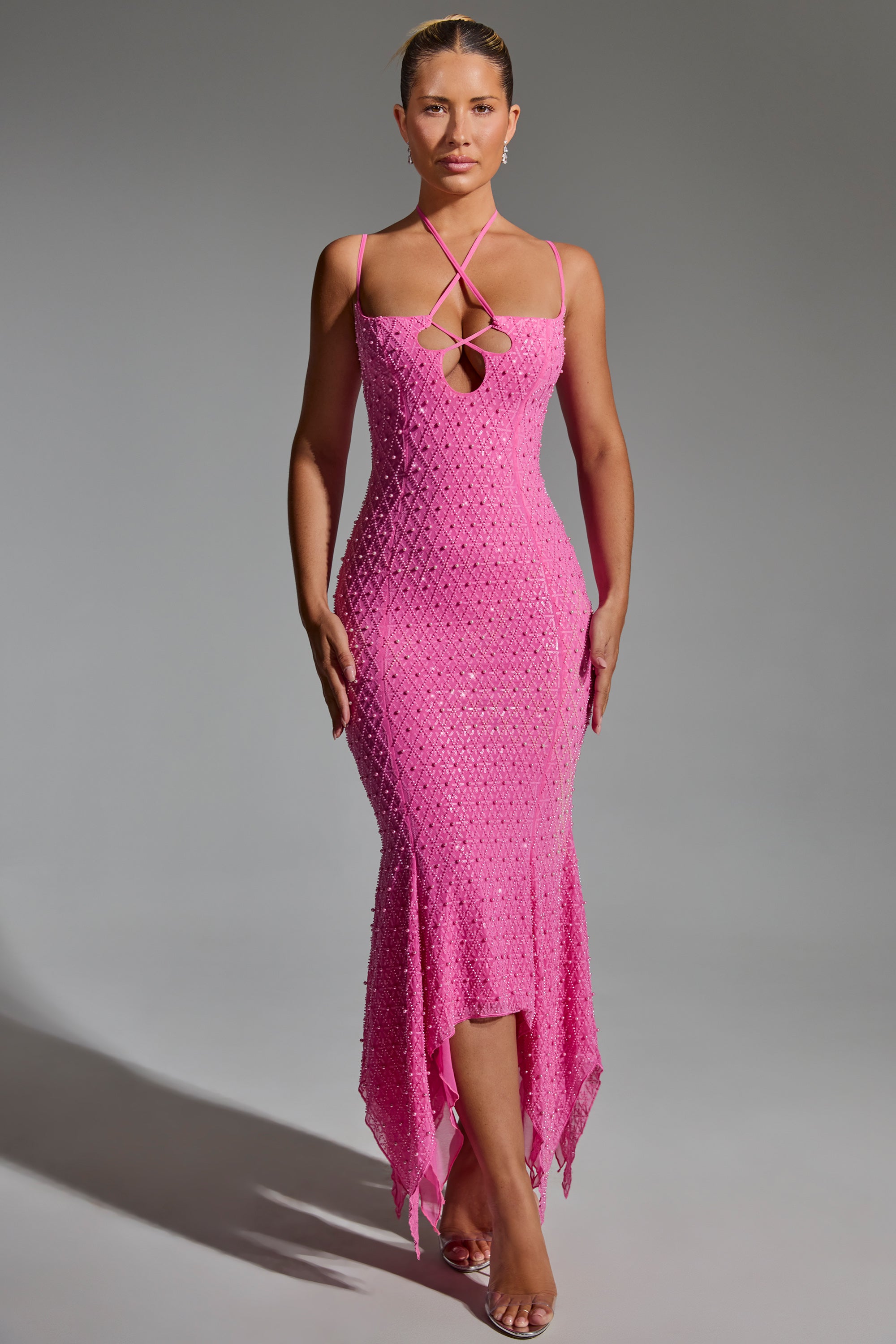Embellished Cut-Out Asymmetric Midaxi Dress in Hot Pink、mySite、solidvoid