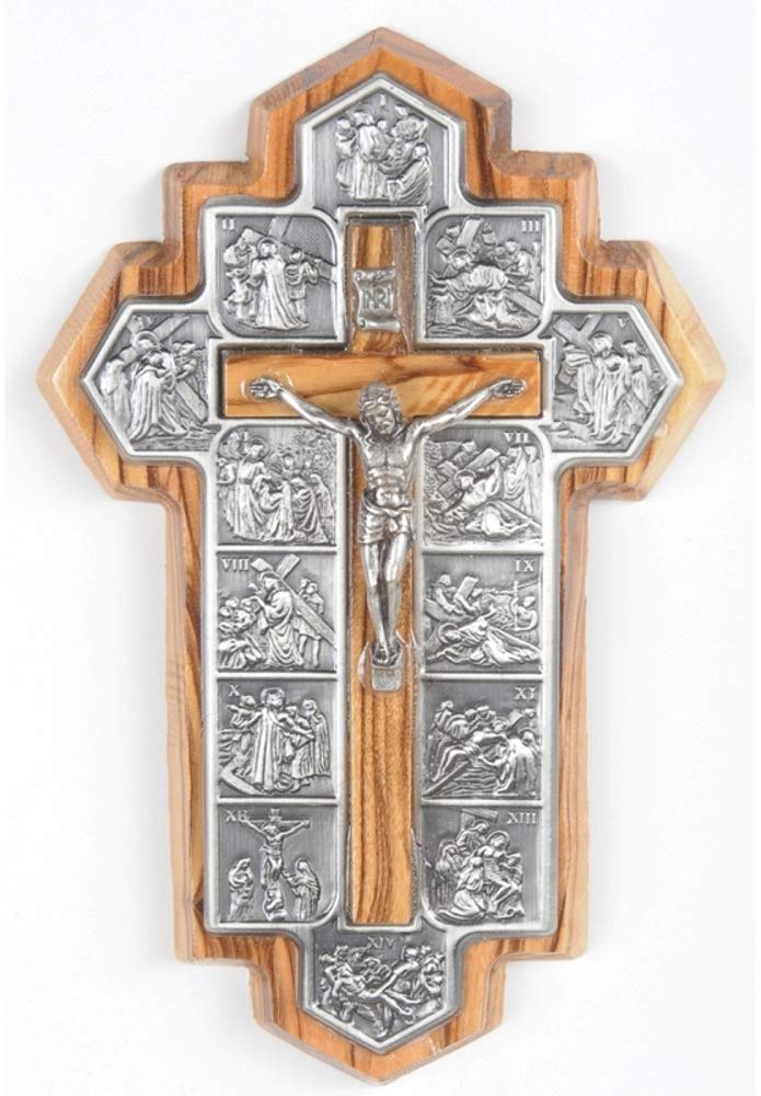 Olive Wood Crucifix - icon showing 14 Stations of the Cross etched on metal (14x9x1 cm or 5.5x3.5x.4 inch)、mySite、topwebapps