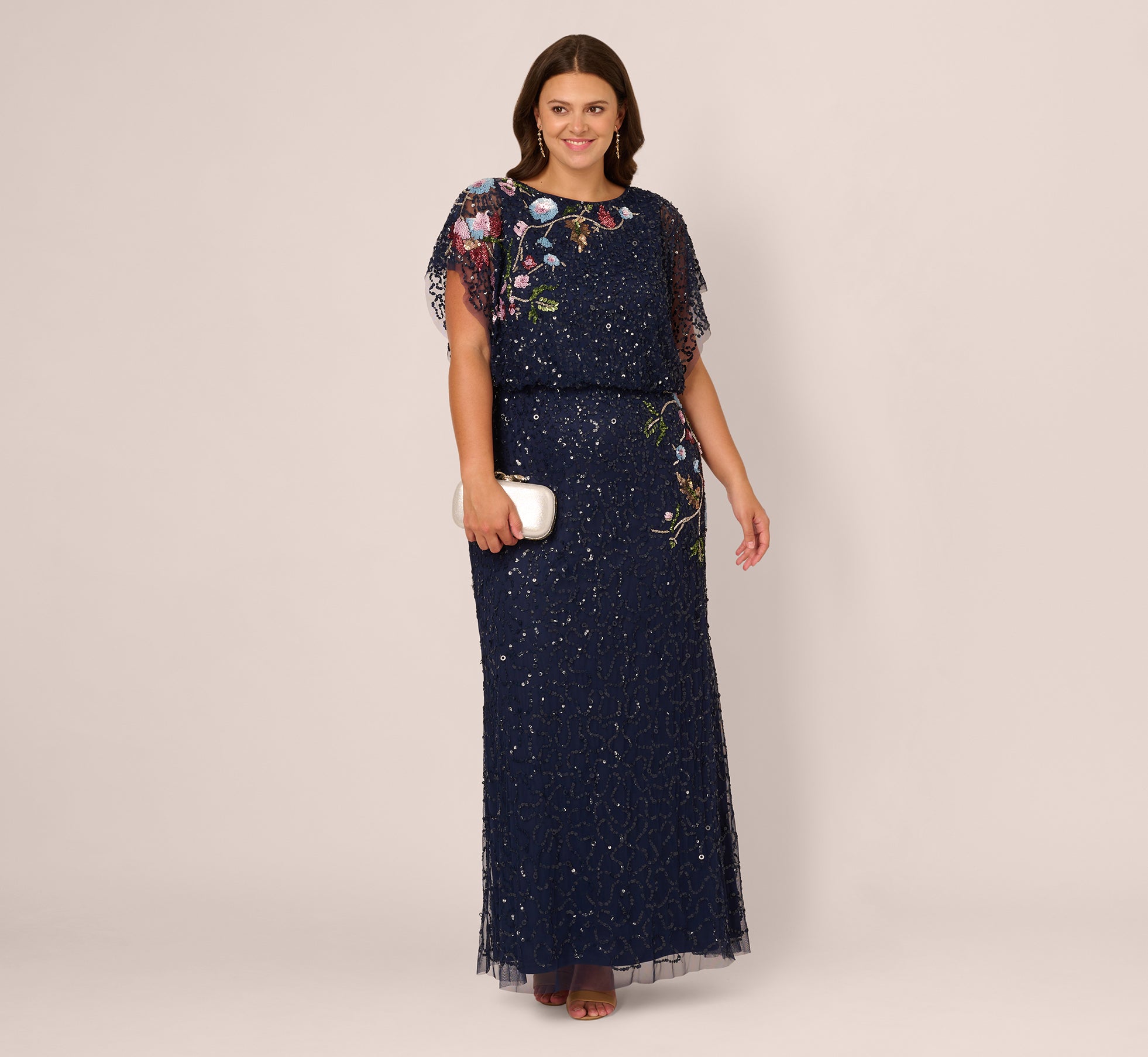 Plus Size Multicolor Floral Beaded Mermaid Gown With Dolman Sleeves In Midnight Multi、mySite、solidvoid