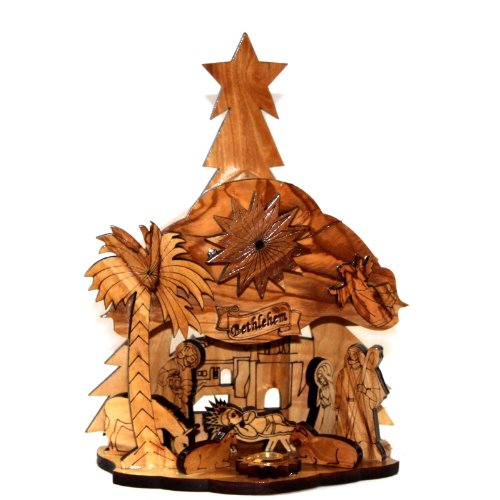 Holy Land Market Musical Olive Wood Nativity Carved by Laser with Incense from Jerusalem (20 cm or 8 inches)、mySite、topwebapps