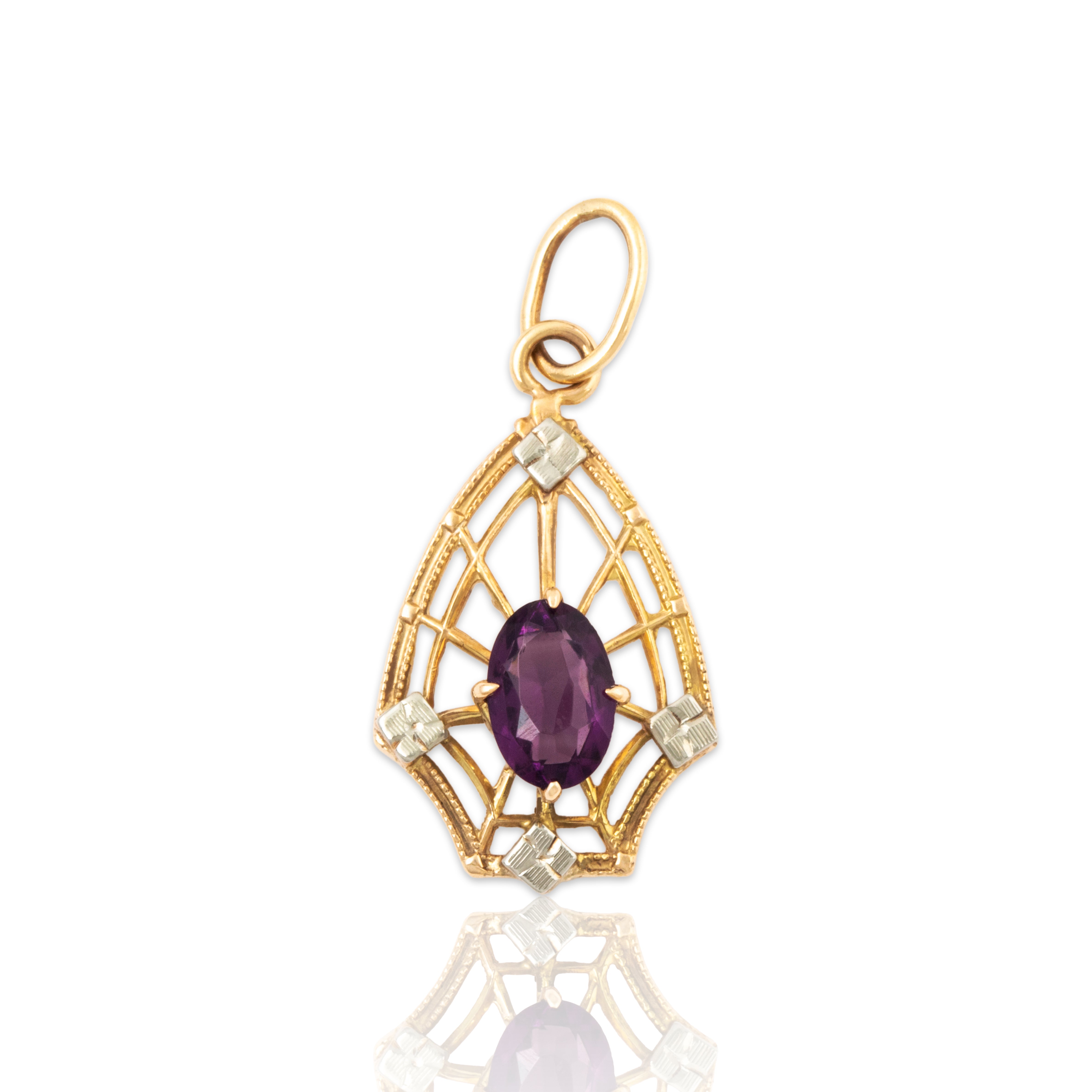 Antique 10k Yellow & White Gold Purple Glass Openwork Milgrain Charm / Pendant、mySite、hinf8tx79