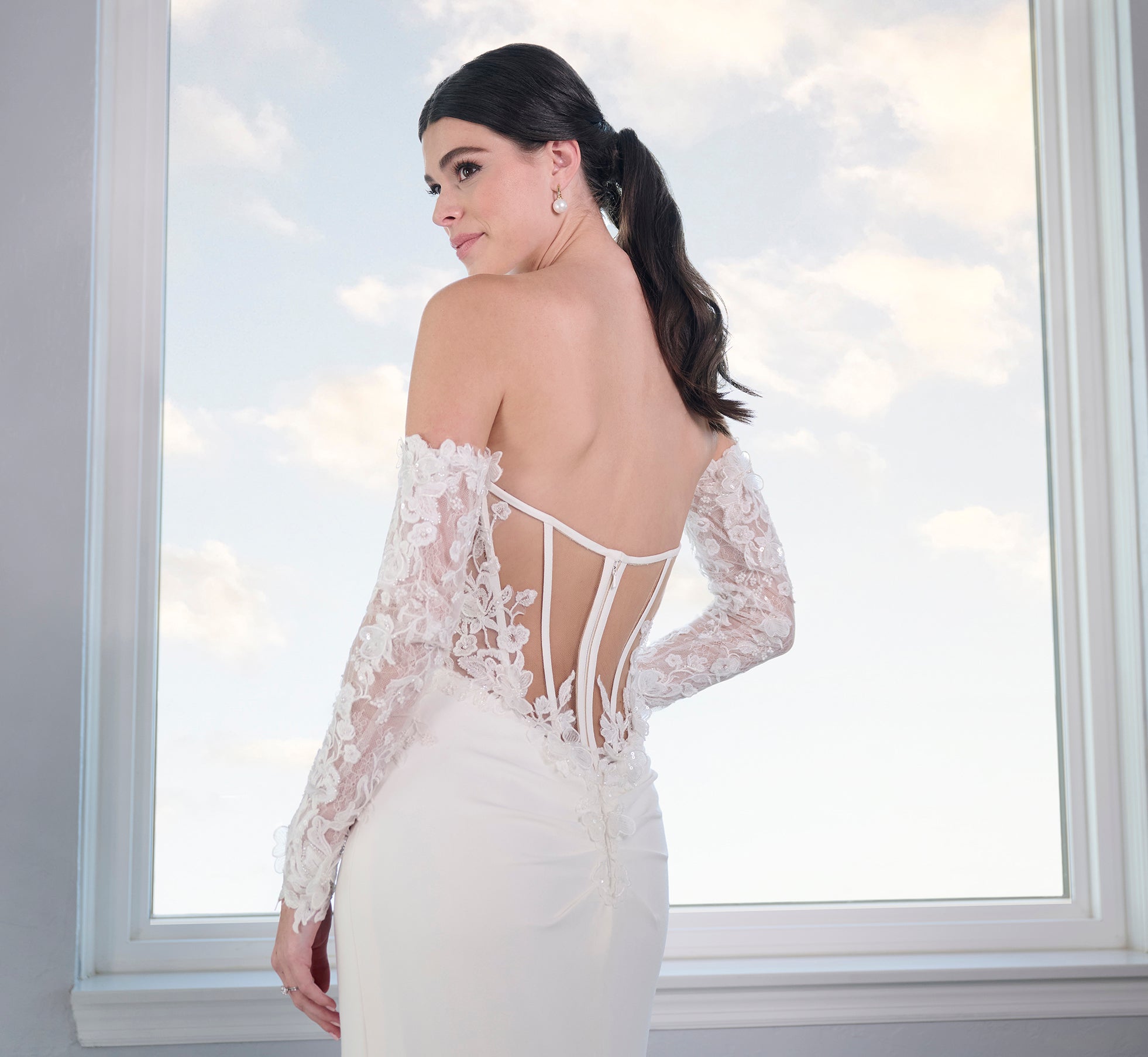 Crepe Slim Gown With Detachable Long Sleeves In Ivory Nude Silver、mySite、solidvoid