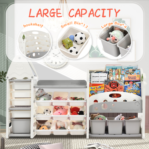 Kids Bookshelf Toy Storage Organizer with 17 Bins and 5 Bookshelves, Multi-functional Nursery Organizer Kids Furniture Set Toy Storage Cabinet Unit with HDPE Shelf and Bins、、casual