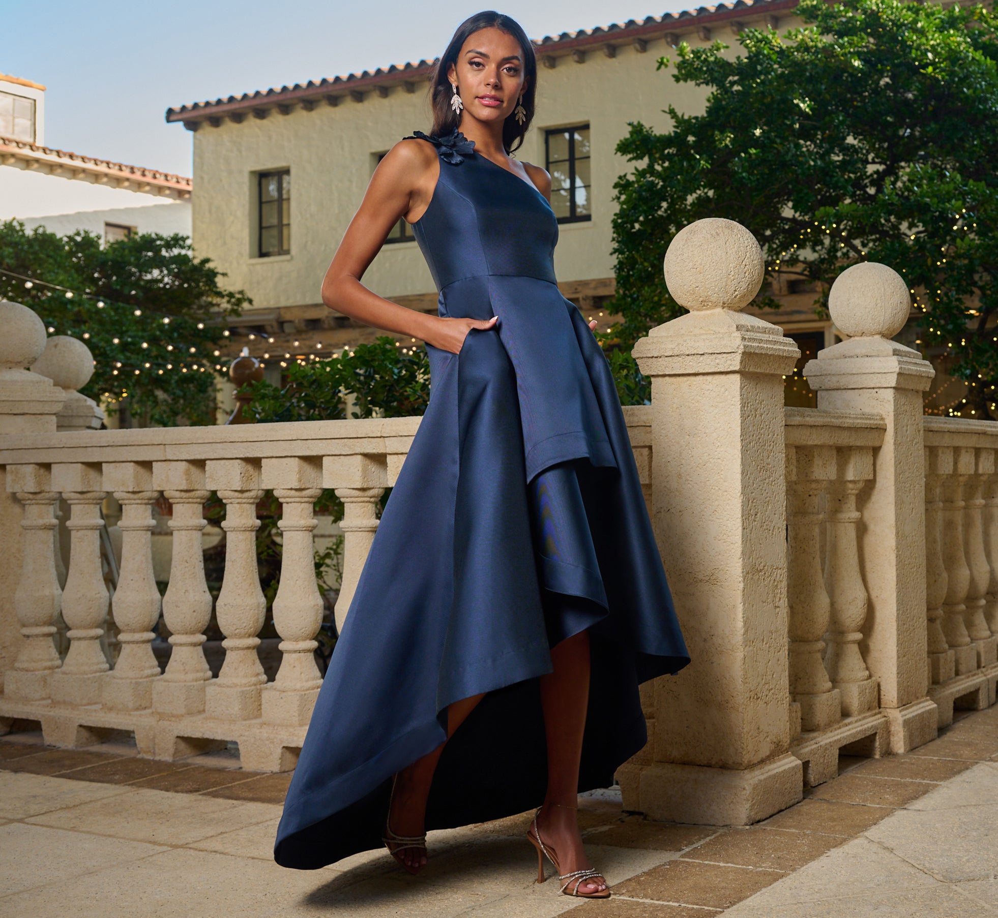 One Shoulder Draped Mikado High Low Gown In Midnight、mySite、solidvoid