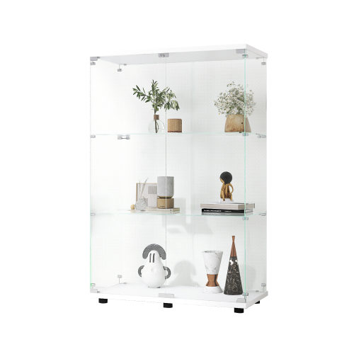 Two-door Glass Display Cabinet 3 Shelves with Door, Floor Standing Curio Bookshelf for Living Room Bedroom Office, 49.3"*31.7"*14.3", White、、casual
