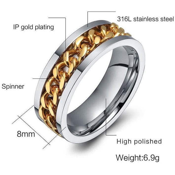 Chain Spinner Ring-Stainless Steel & Titanium Chain Spinner Inset in Gold, Silver or Black Color、mySite、g9winljtr