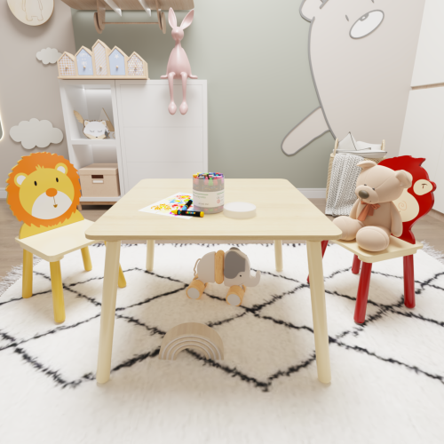 Kids Table and 2 Chairs Set, 3 Pieces Toddler Table and Chair Set, Wooden Activity Play Table Set (Lion&Monkey)、、casual