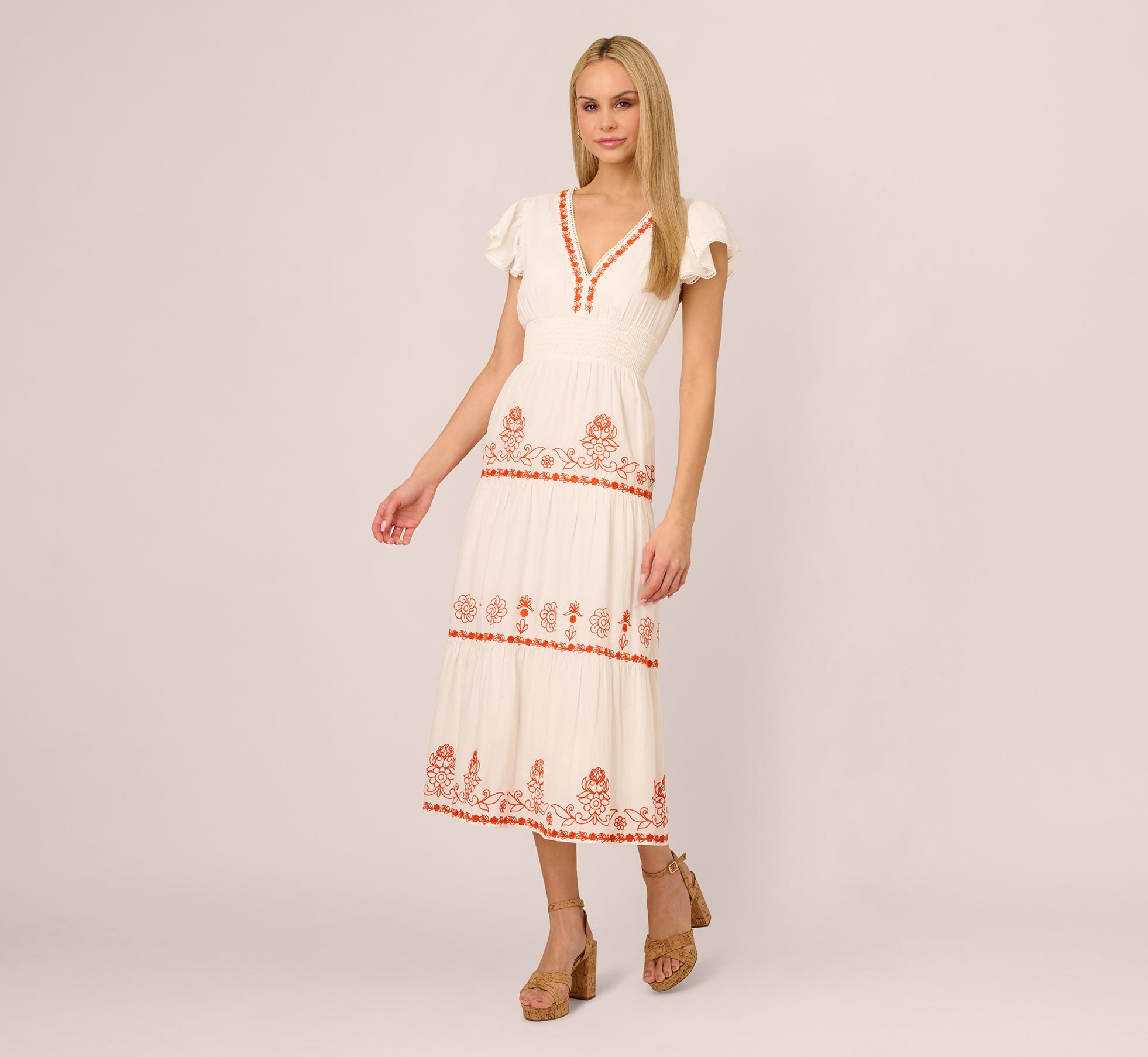 Embroidered Flutter Sleeve Tiered Midi Dress In Ivory Red Multi、mySite、solidvoid