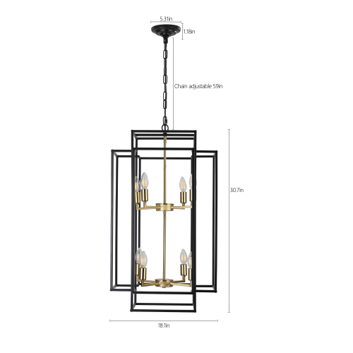 (Same as W1340142525/L1018-C) 18" Modern 8-Light Black & Chrome Geometric Pendant Chandelier, Industrial Metal Frame, Adjustable Hanging Light for Living Room, Dining Room, Kitchen (No Bulbs)、、eastwooduniform
