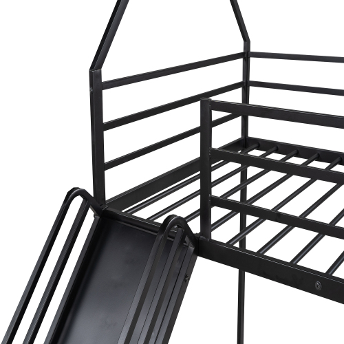 Twin over Twin House Bunk Bed with Ladder and Slide,Black、、casual