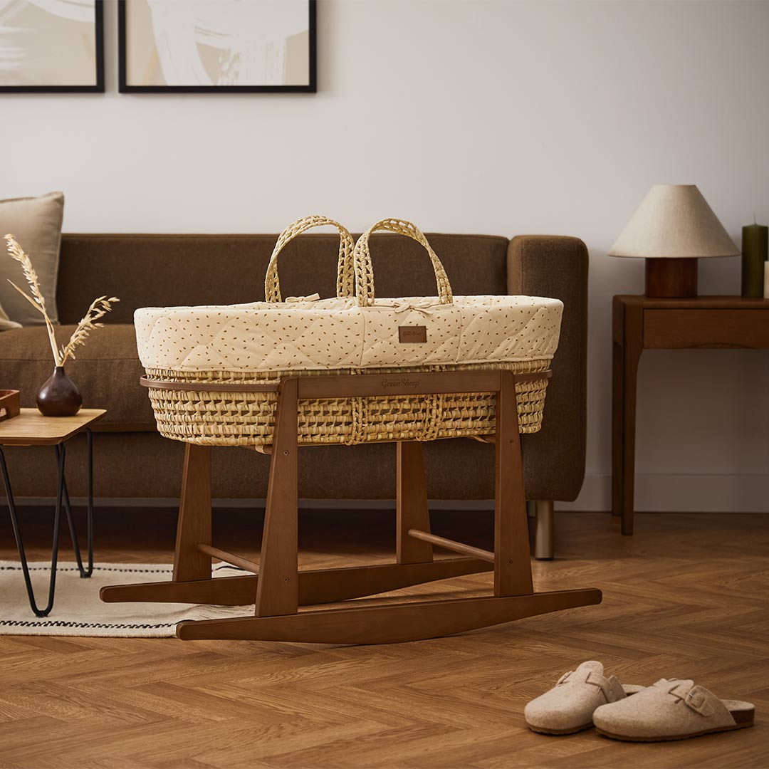  The Little Green Sheep Quilted Moses Basket and Rocking Stand Bundle - Linen Rice / Walnut、mySite、merchandisen