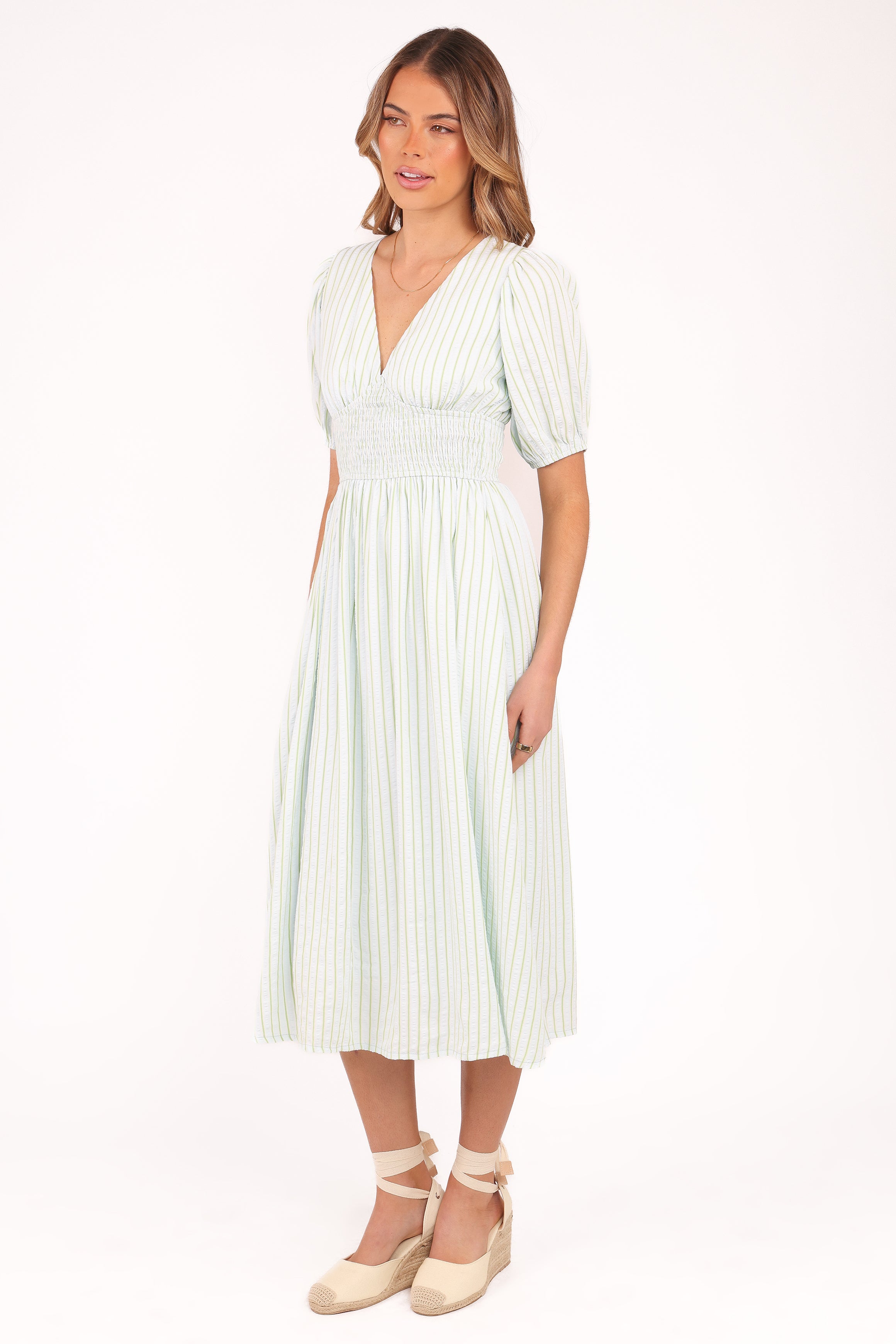  Ronnie Short Sleeve Midi Dress - Green Blue Stripe、mySite、sugarbowlscore