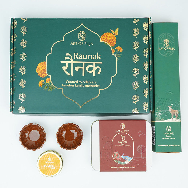 Wooden Festive Gift Box | Diyas, Pooja Haldi & Incense Stick | Set of 5、mySite、camillekostekn