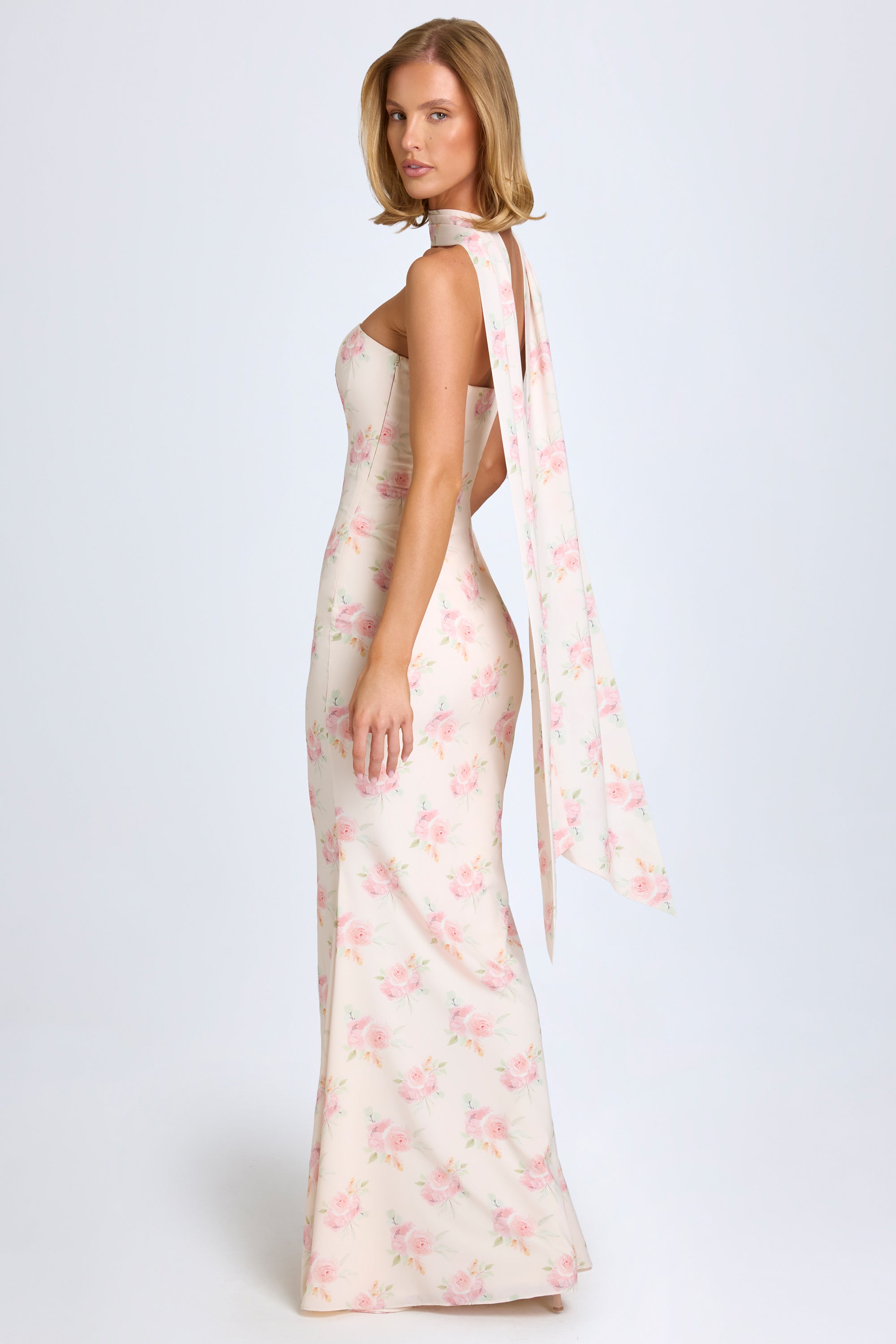 Scarf-Detail Strapless Gown in Large Rose Print、mySite、solidvoid