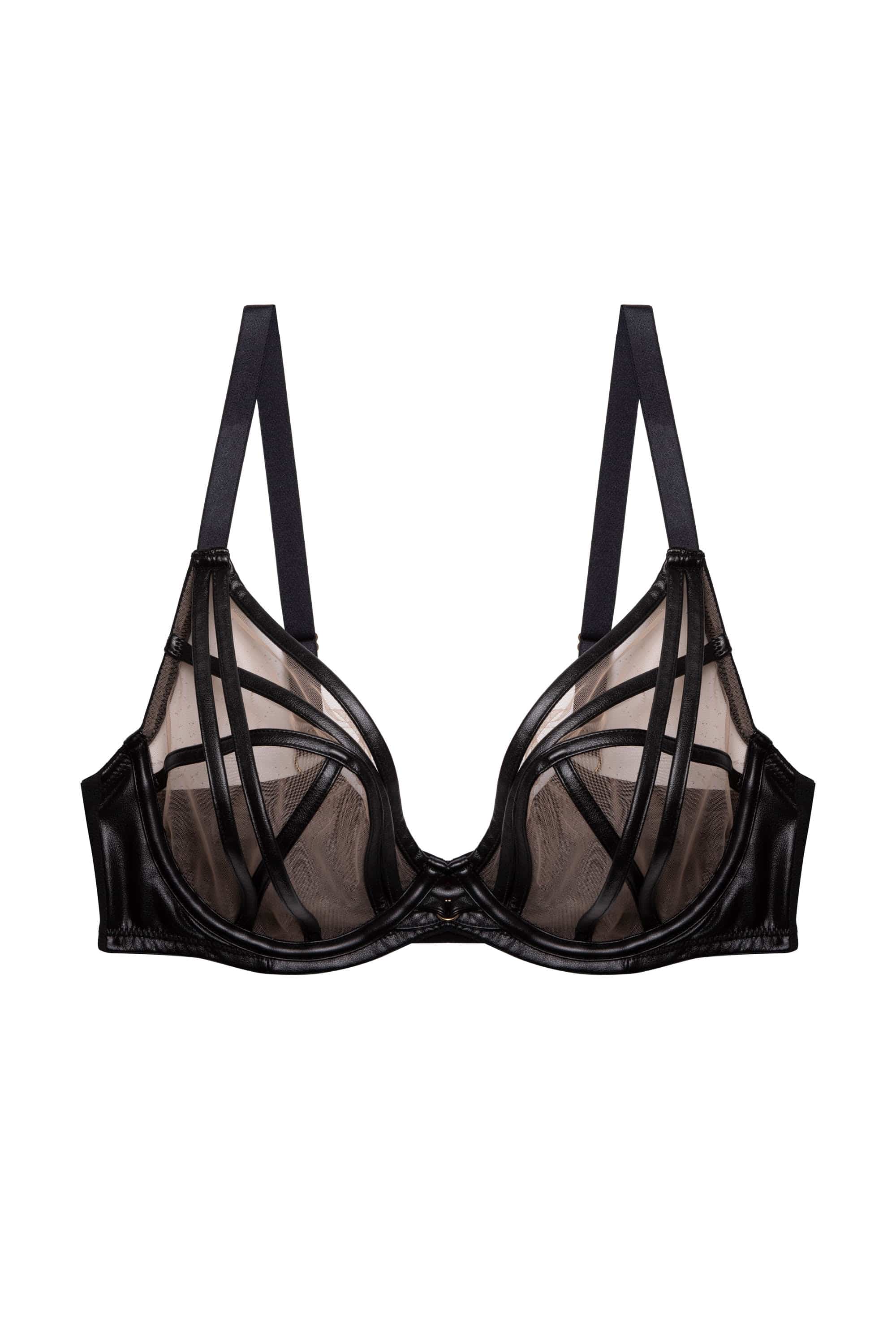 Ramona Black Leatherette Strap Detail Illusion Mesh Bra、mySite、bengalsvssteelers