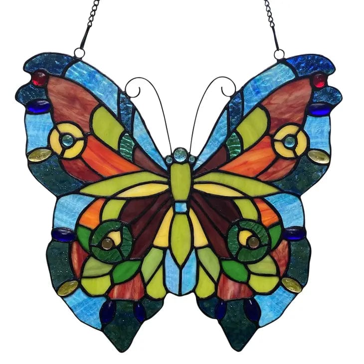Blue or Colorful Butterfly Tiffany Style Stained Glass Window Hanging 12.5、mySite、g9winljtr
