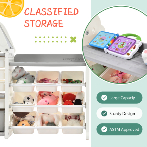 Kids Toy Storage Organizer with 14 Bins, Multi-functional Nursery Organizer Kids Furniture Set Toy Storage Cabinet Unit with HDPE Shelf and Bins for Playroom, Bedroom, Living Room、、casual