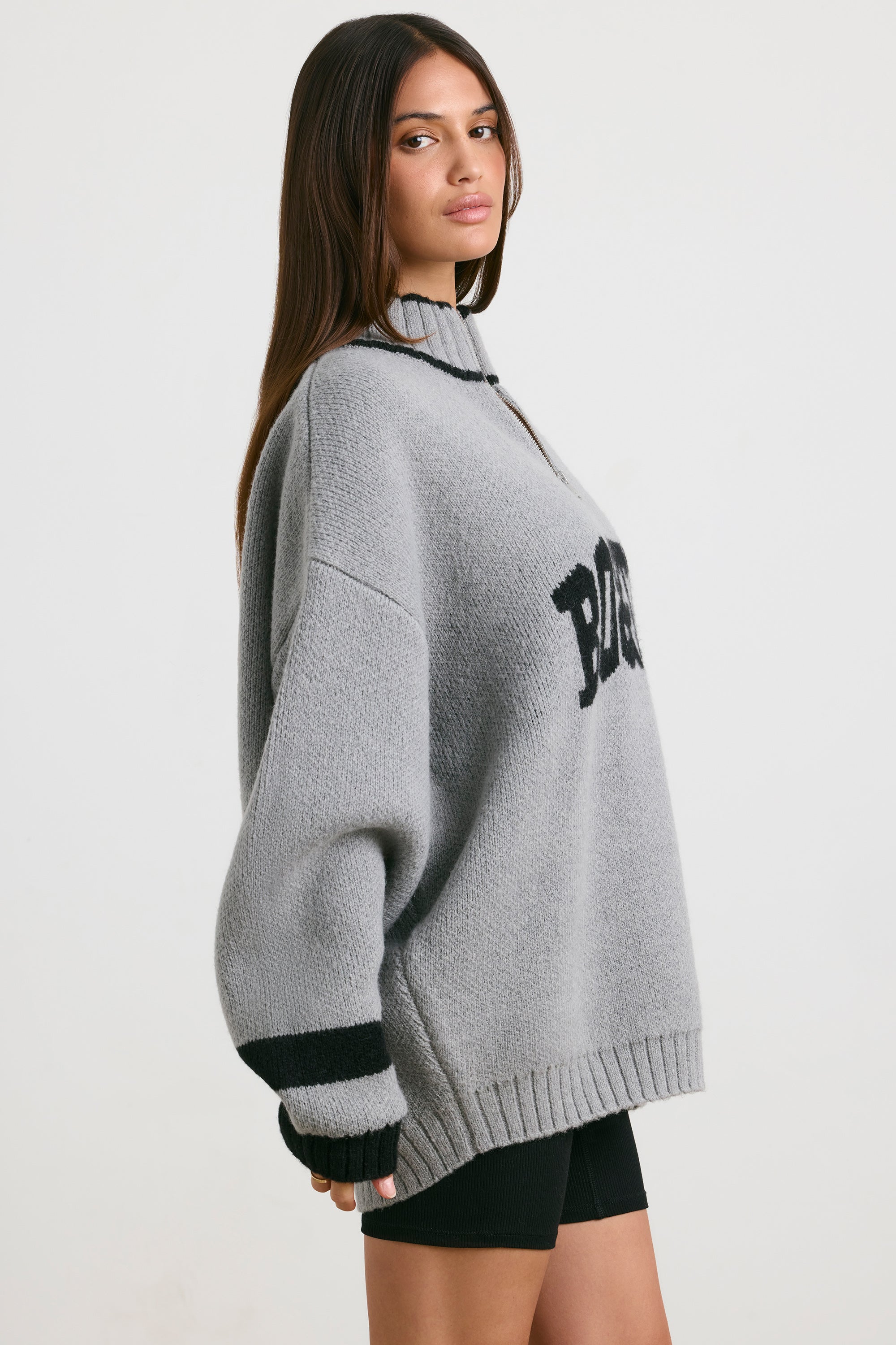 Oversized Quarter-Zip Chunky-Knit Jumper in Heather Grey、mySite、solidvoid