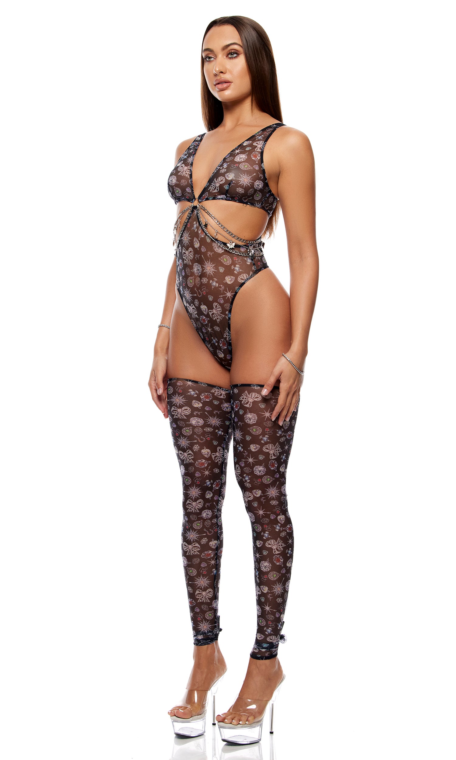 Sheer Charm Mesh and Chains Teddy Lingerie Set - Black、mySite、bengalsvssteelers