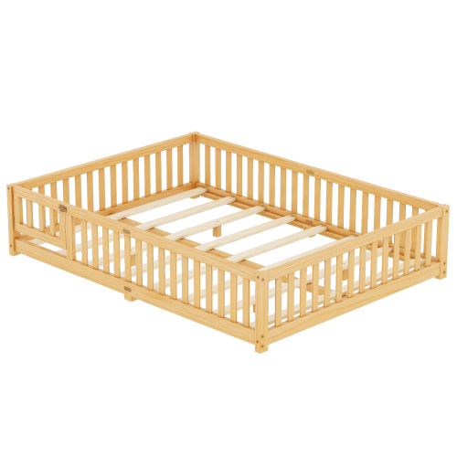 Twin Size Bed Floor Bed with Safety Guardrails and Door for Kids, Natural(Old SKU: W158090686)、、casual