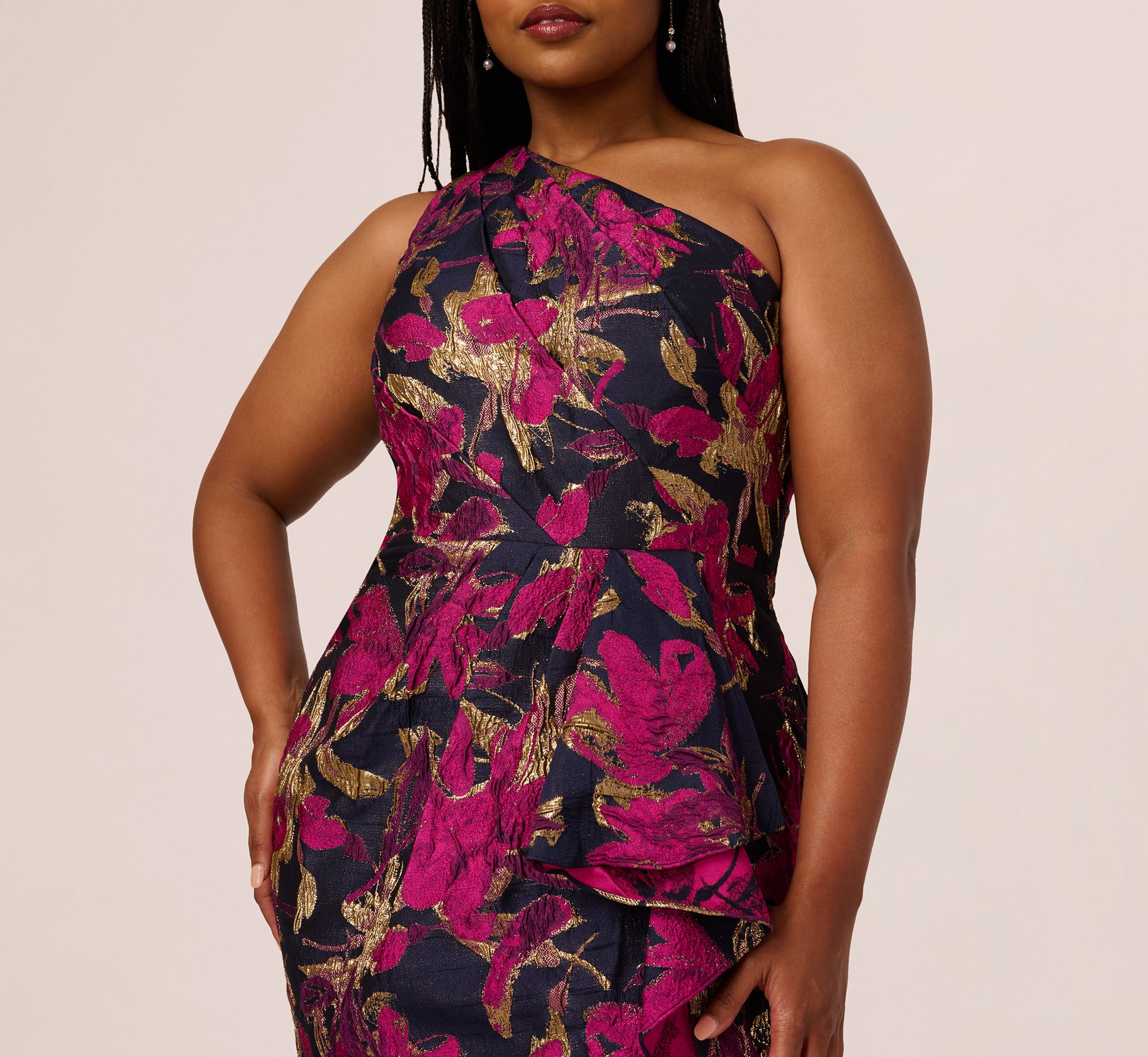 Plus Size One Shoulder Jacquard Dress In Navy Pink、mySite、solidvoid
