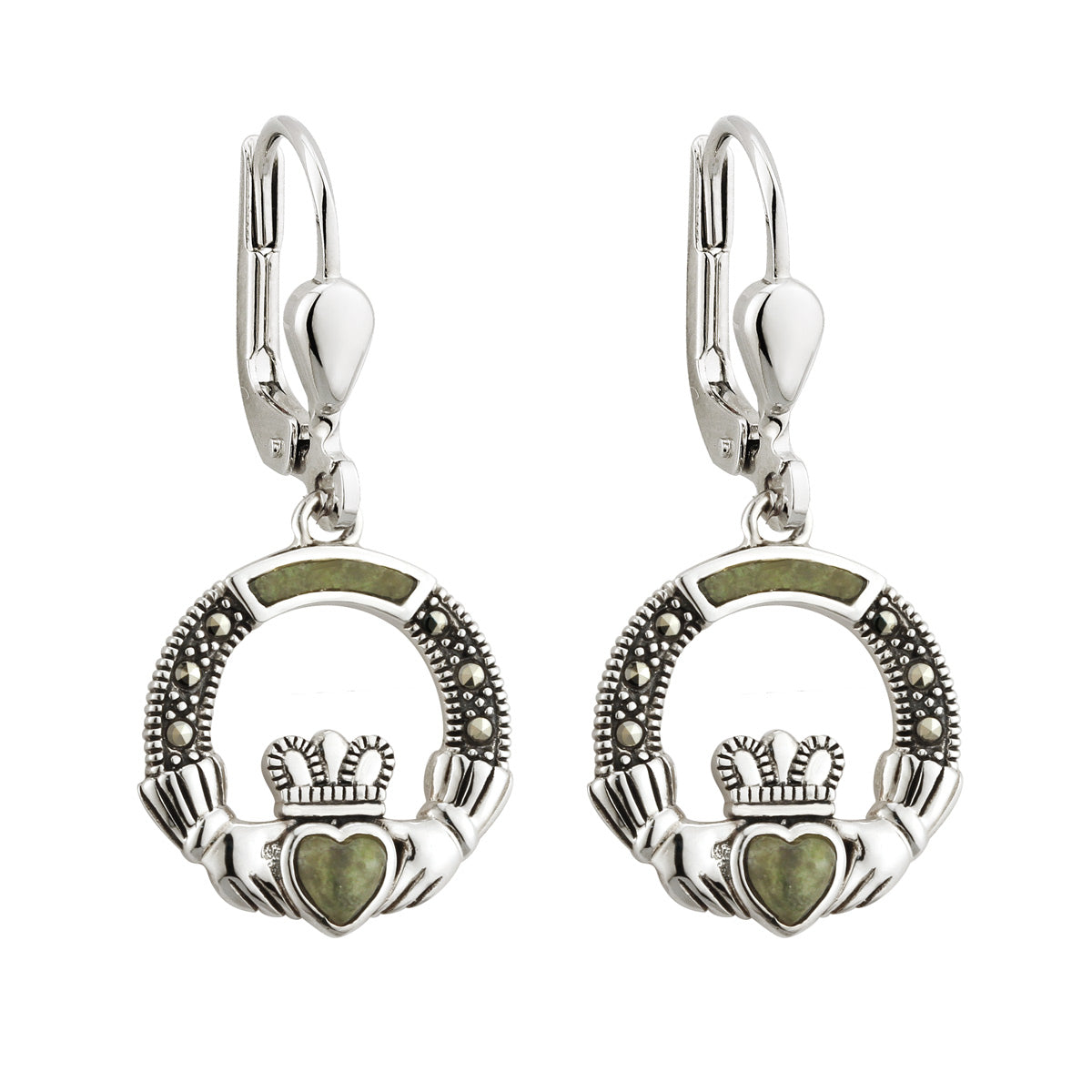  Marble & Marcasite Claddagh Drop Earrings