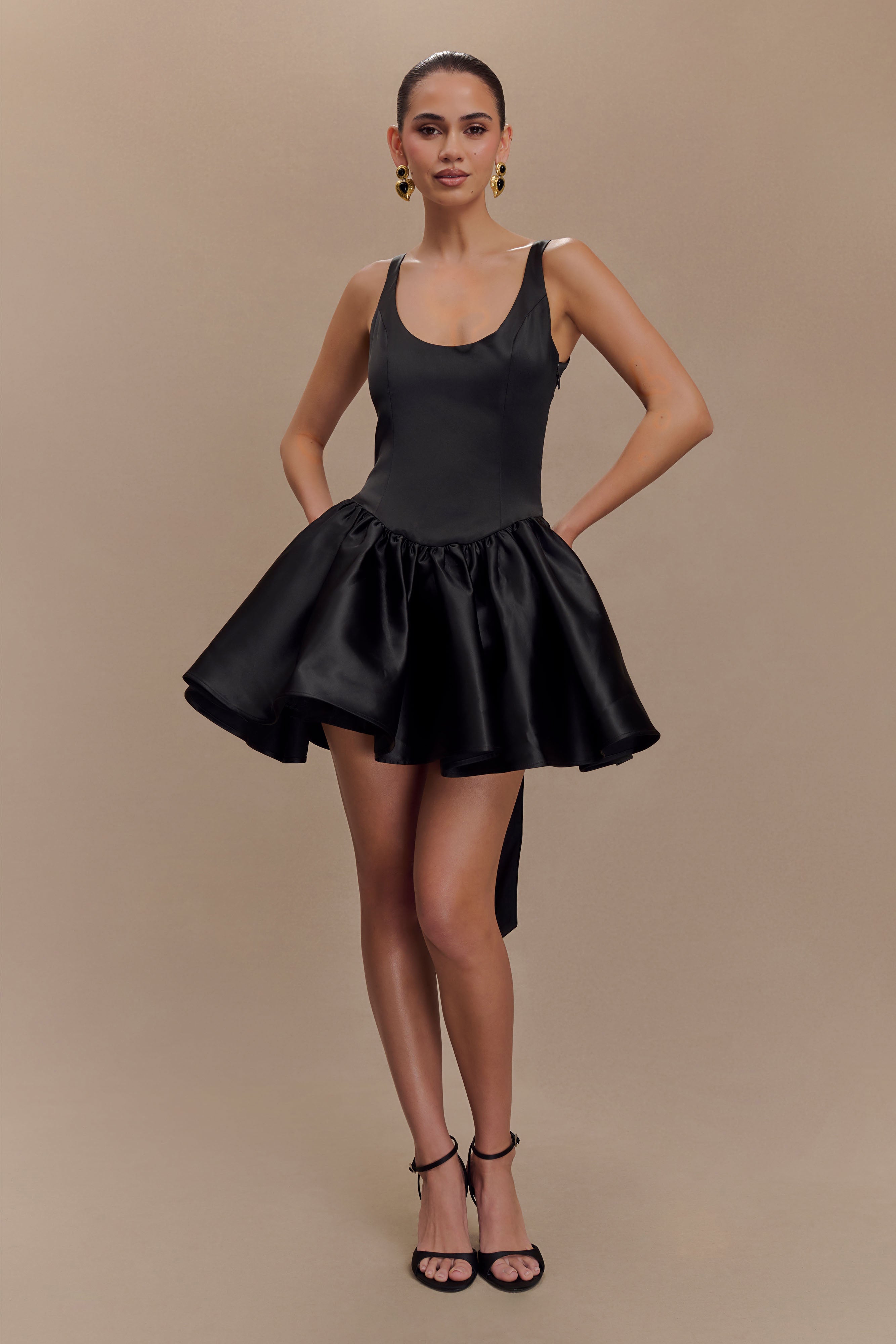 Felicia Satin Mini Dress With Bow - Black、mySite、solidvoid