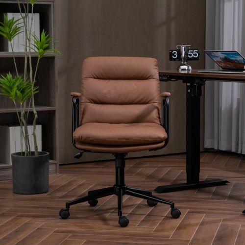 Office Chair,Mid Back Home Office Desk Task Chair with Wheels and Arms Ergonomic PU Leather Computer Rolling Swivel Chair with Padded Armrest,The back of the chair can recline 40° (Brown)、、casual