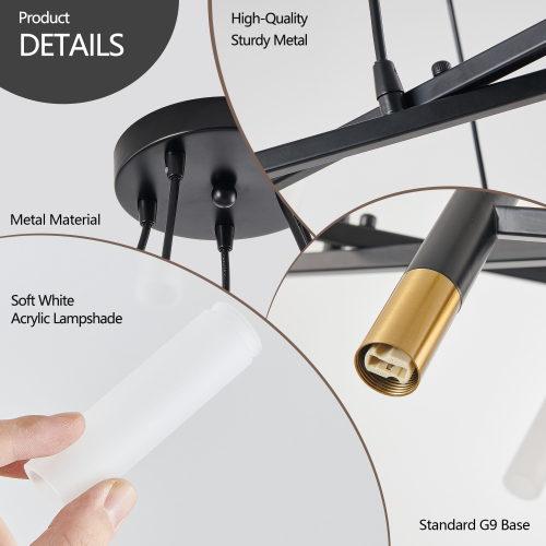 41" Golden Modern Chandelier Light Fixture, Branch Design with Frosted Tubes, Black Cords, Adjustable Height Pendant Light for Dining Room, Living Room, or Kitchen Island (Bulb Not Included)、、eastwooduniform