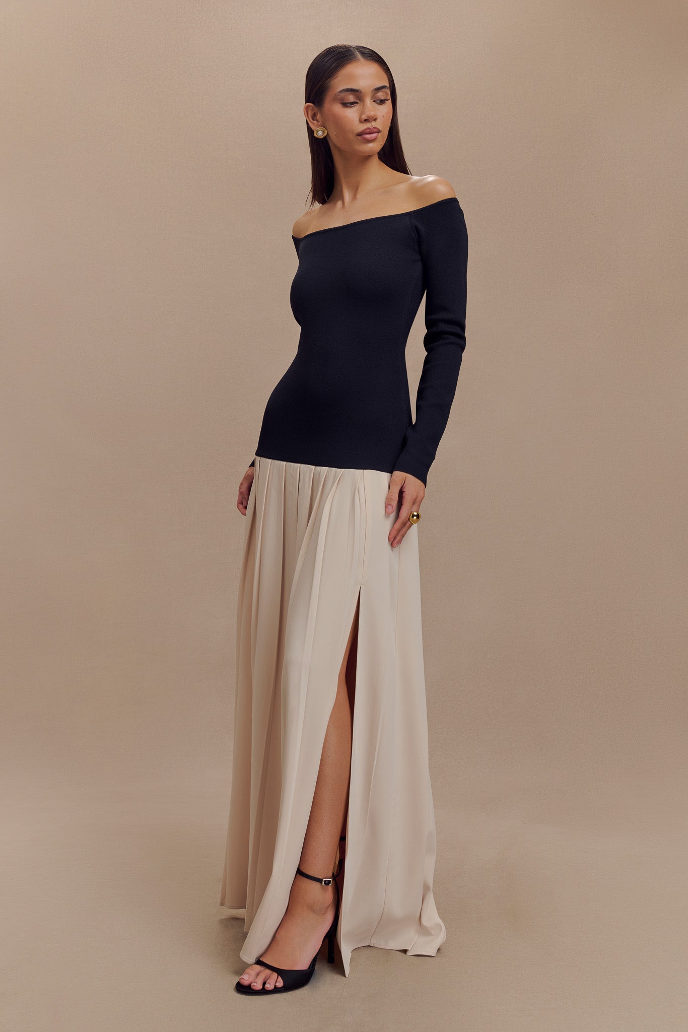 Presley Contrast Knit Off Shoulder Maxi Dress - Navy And Cream、mySite、solidvoid