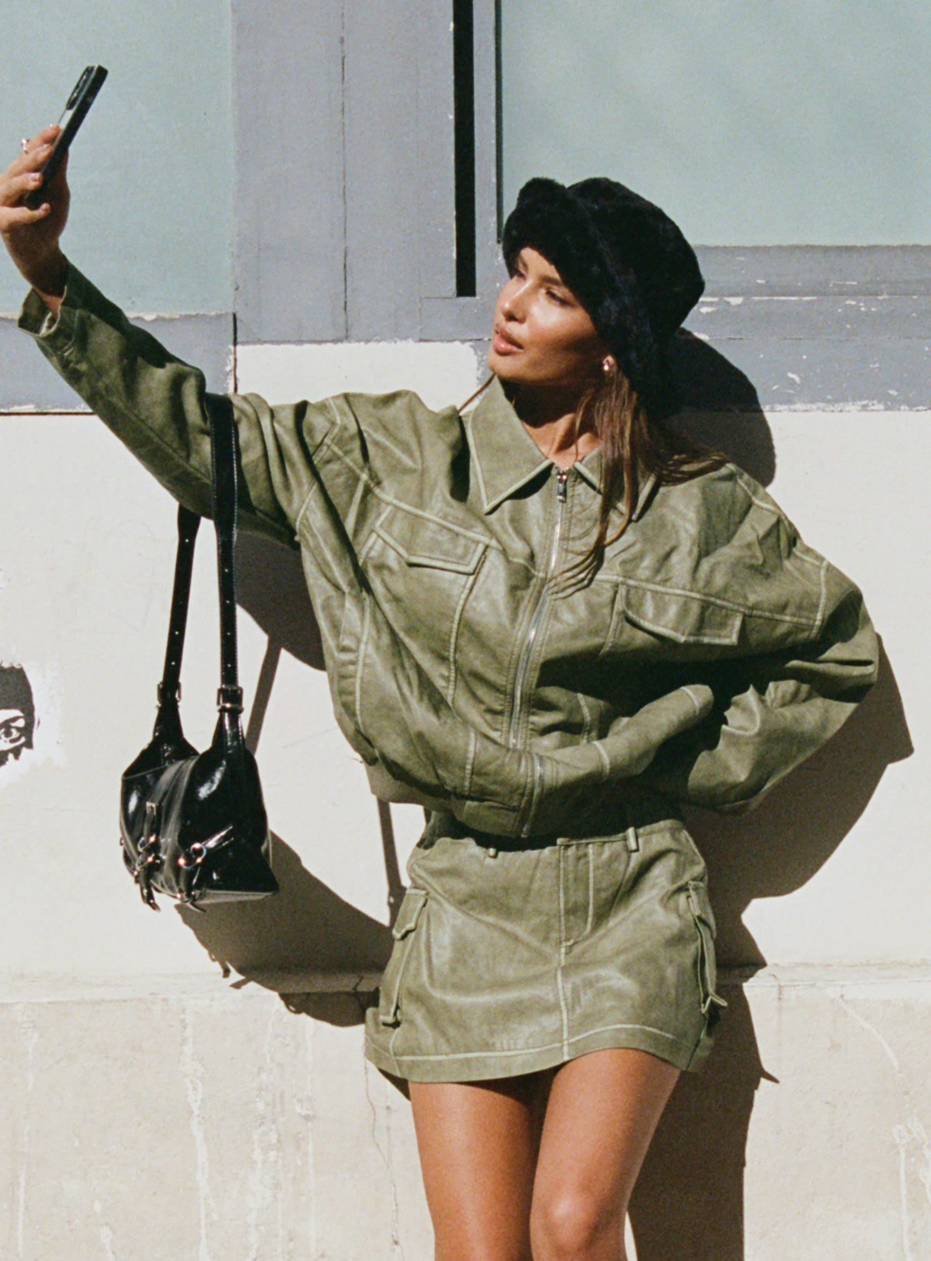 Tanza Faux Leather Jacket Washed Green、mySite、solidvoid