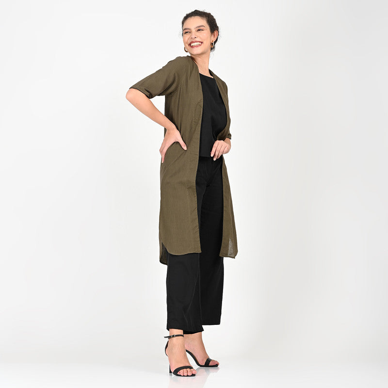 Cotton Solid Co Ord Set For Women | Overlay, Top & Trouser | Square Neck | Olive & Black、mySite、camillekostekn