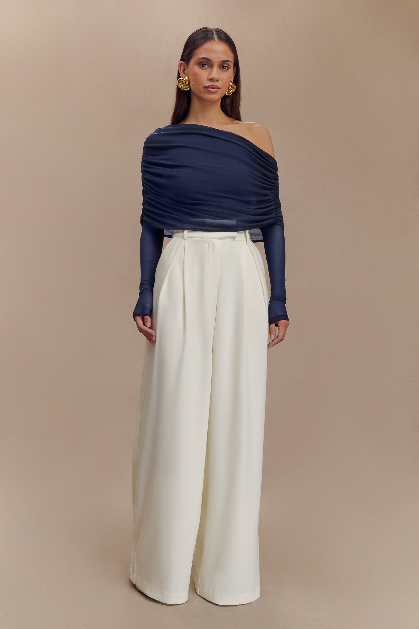 Everly Sheer Mesh Off Shoulder Top - Dark Navy、mySite、solidvoid