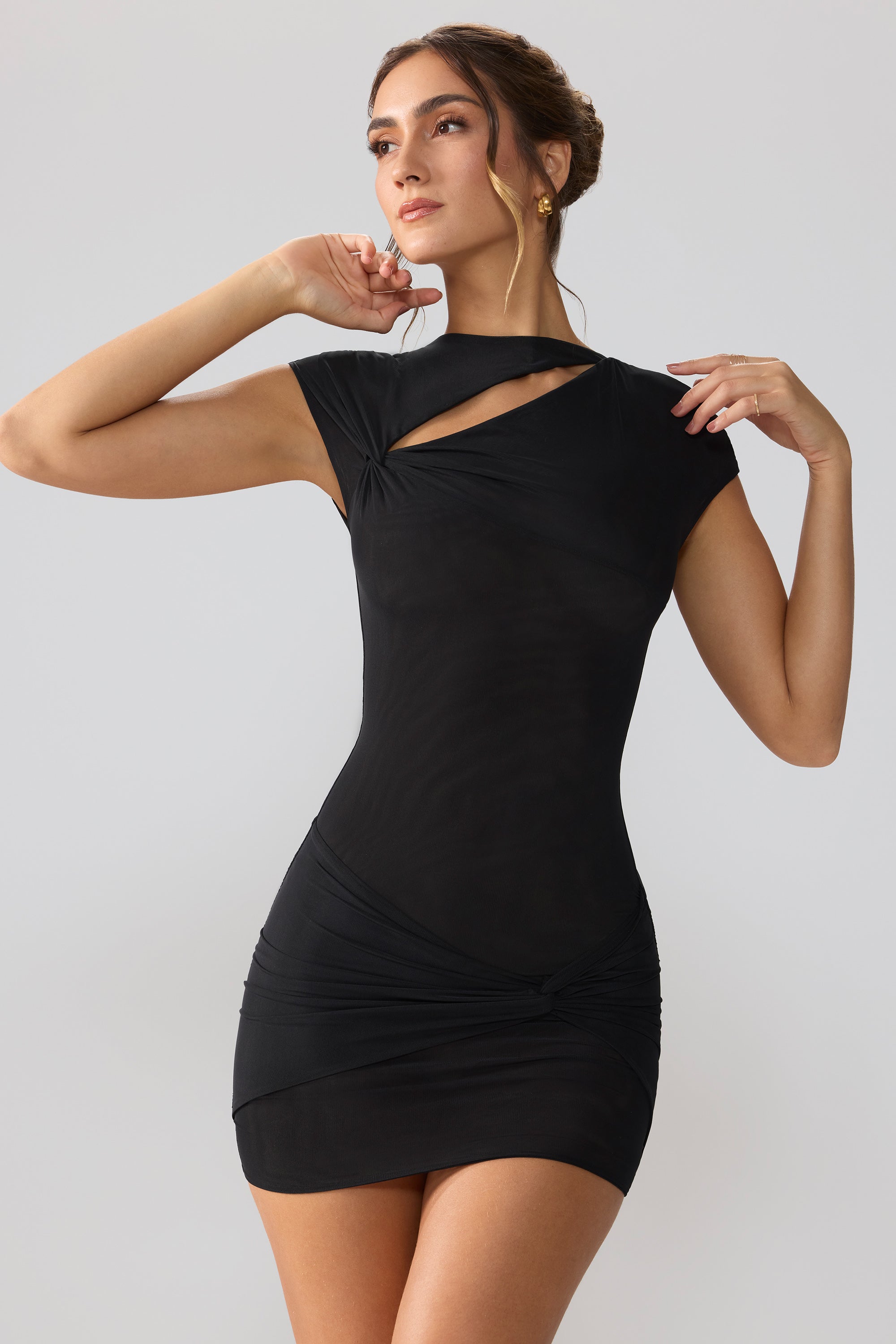 Mesh Cap Sleeve Cut Out Mini Dress in Black、mySite、solidvoid
