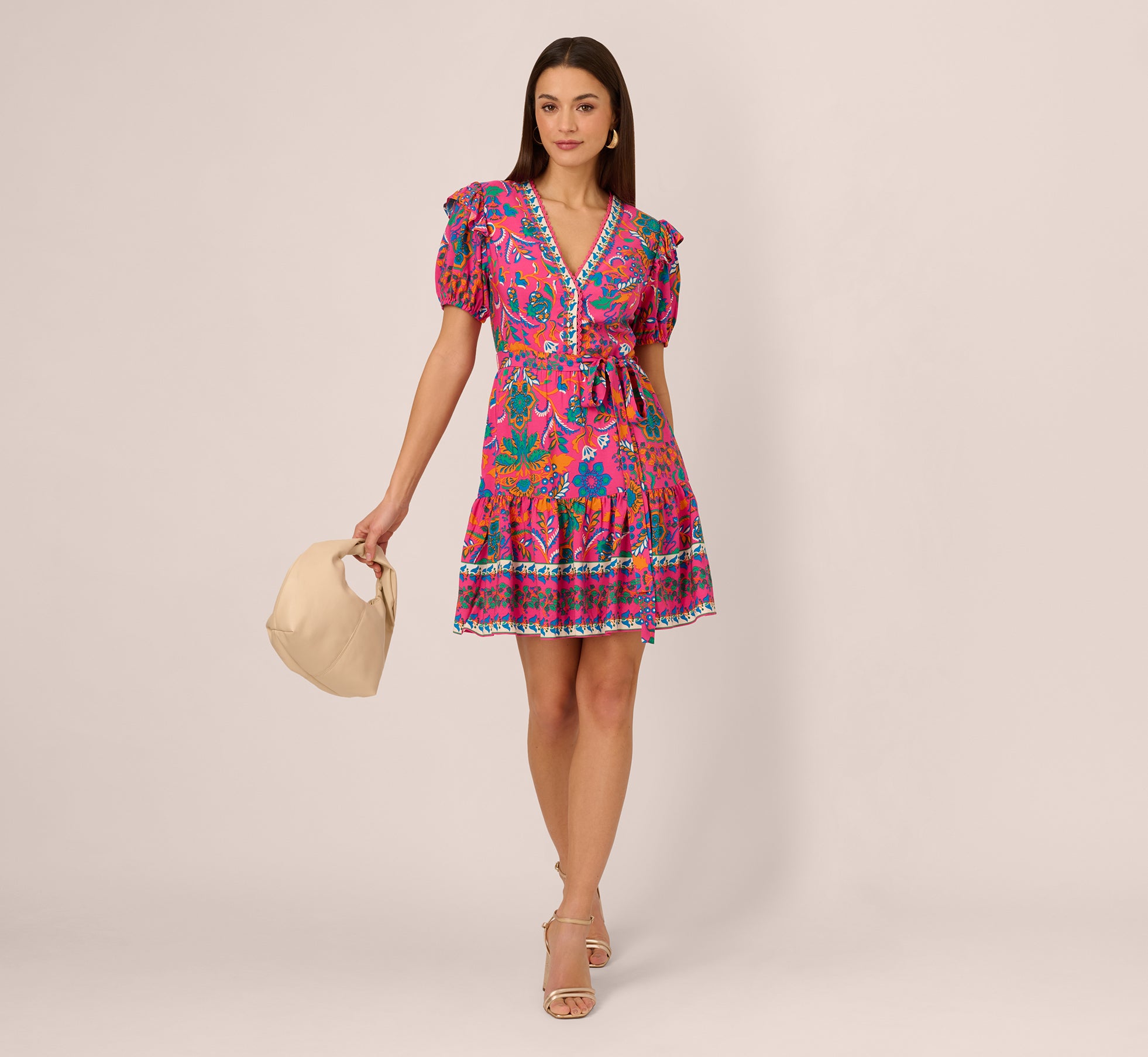Puff Sleeve Retro Printed Short Dress In Hot Pink Multi、mySite、solidvoid