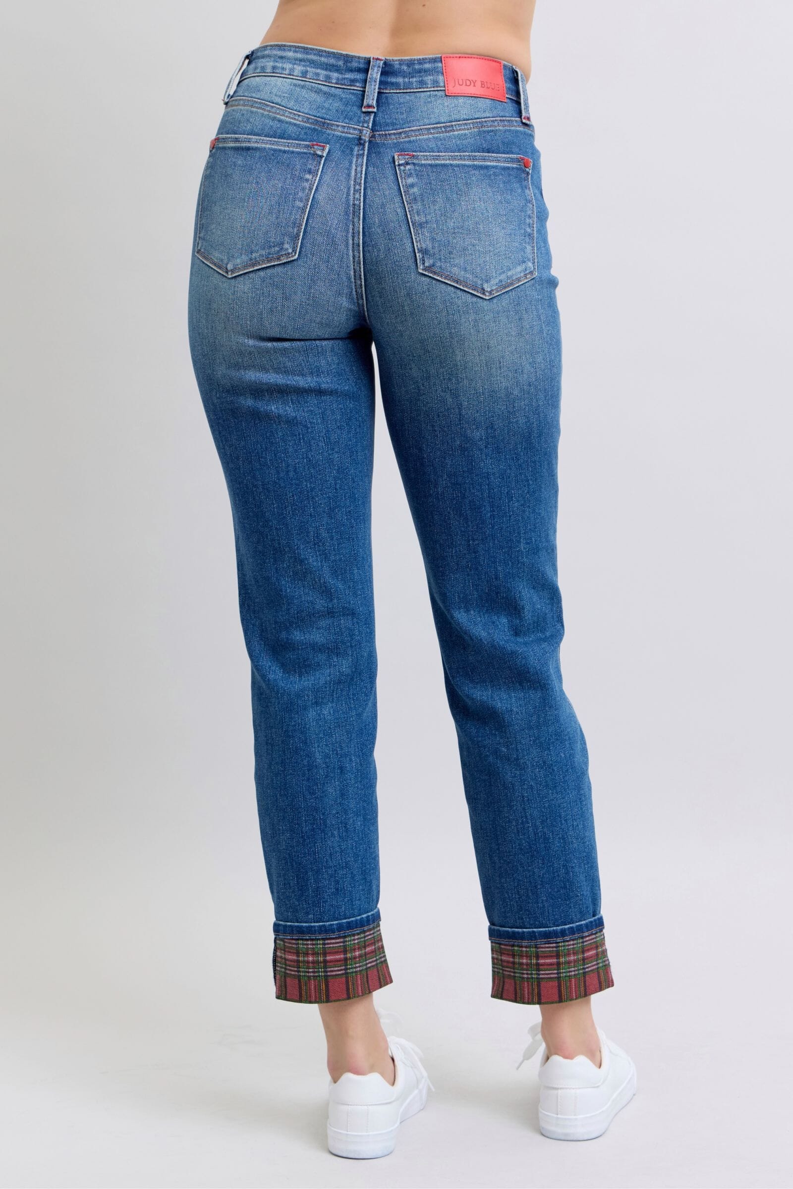 Judy Blue Full Size Plaid Print Cuff Straight Leg Jeans with Pockets、mySite、camillekostekn
