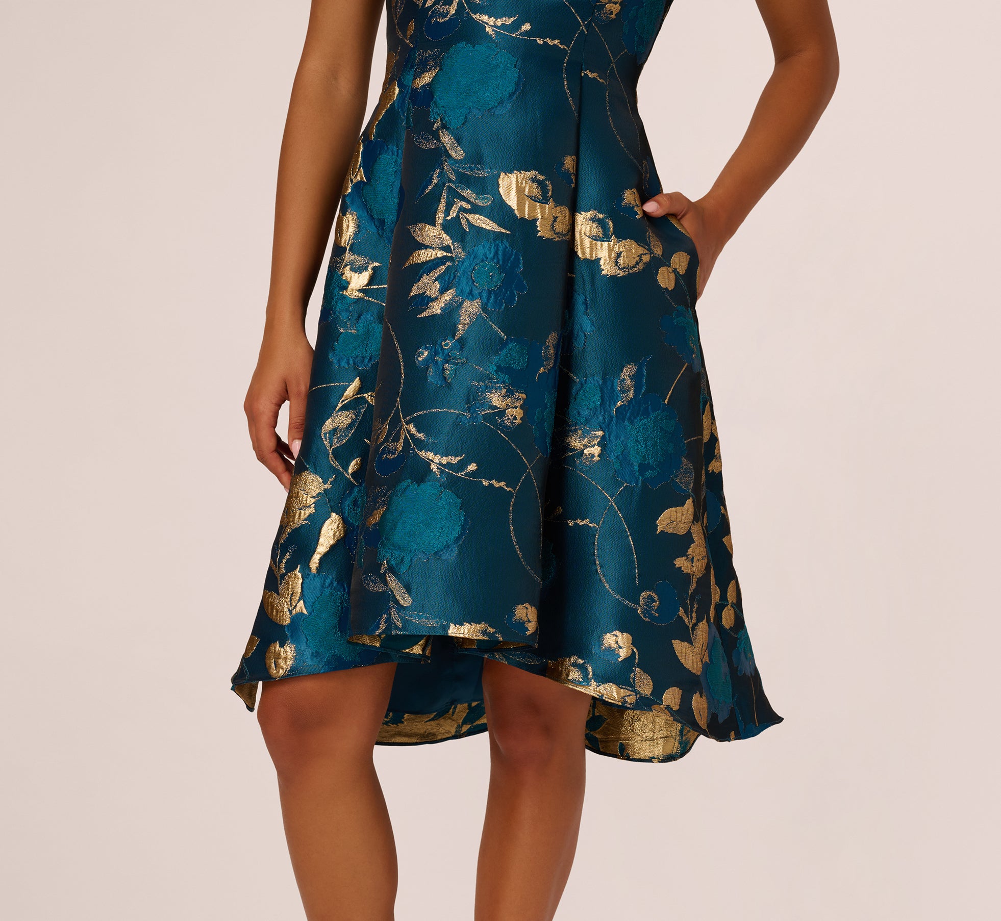 Sleeveless Metallic Vine Jacquard Midi Dress In Teal Sapphire Gold、mySite、solidvoid