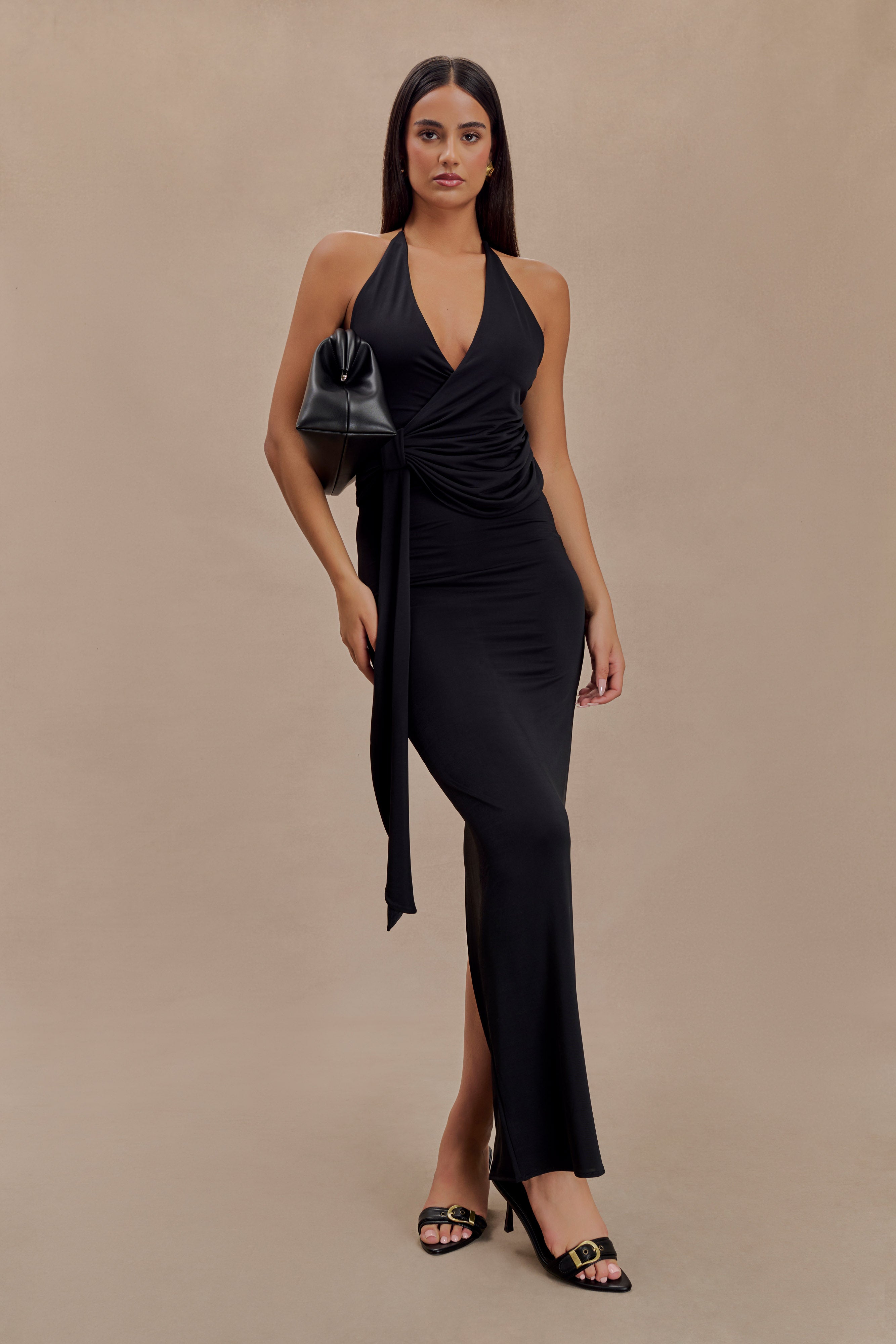 Tyla Draped Slinky Halter Maxi Dress - Black、mySite、solidvoid