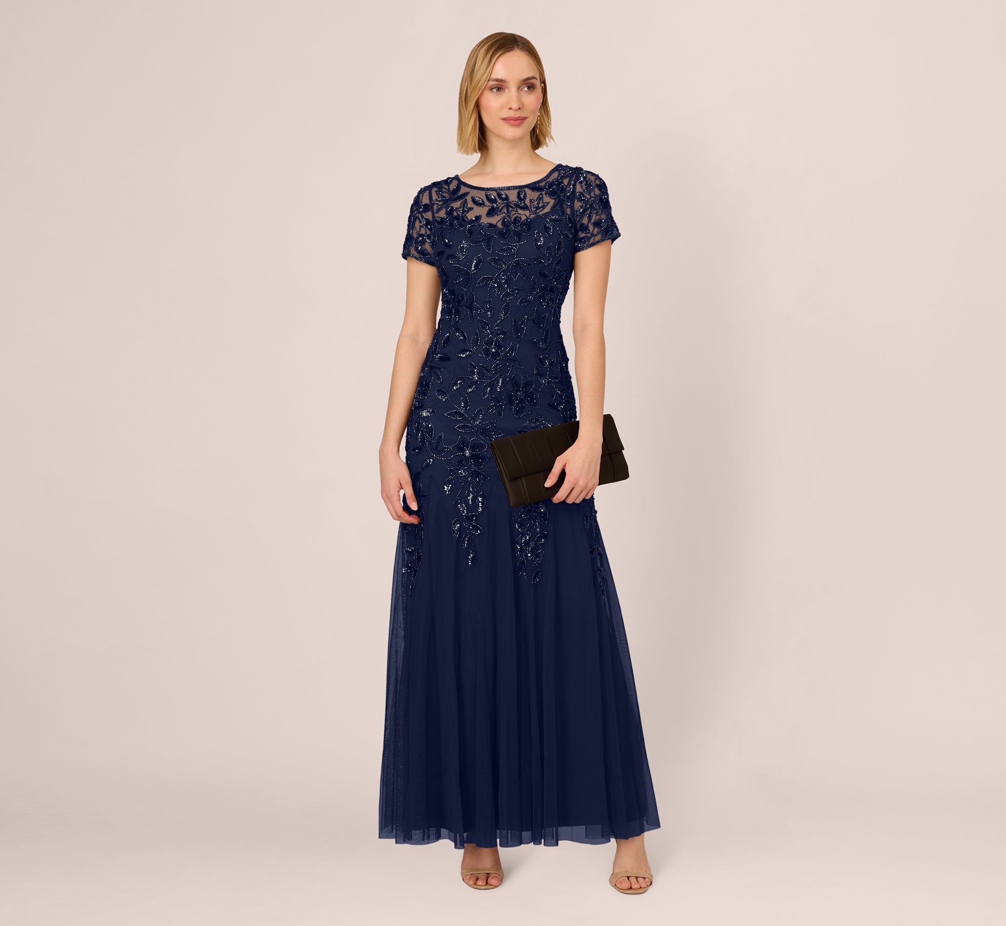 Hand Beaded Short Sleeve Floral Godet Gown In Light Navy、mySite、solidvoid