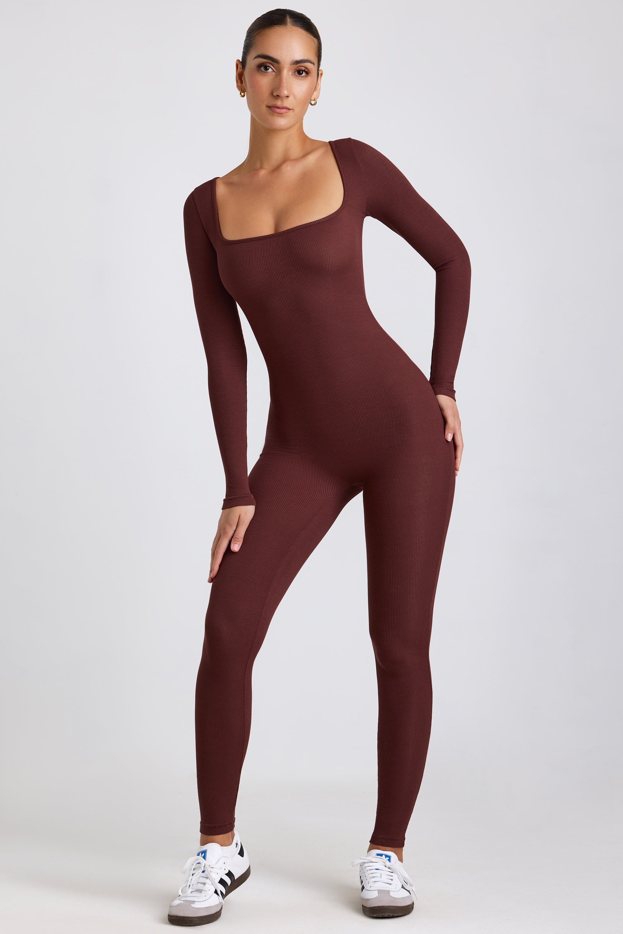 Ribbed Modal Long Sleeve Jumpsuit in Espresso、mySite、solidvoid