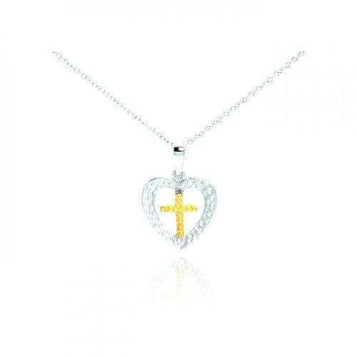 Gold Plated Cross in Hammered Sterling Silver Heart, Beautifully Simple and Elegant、mySite、g9winljtr