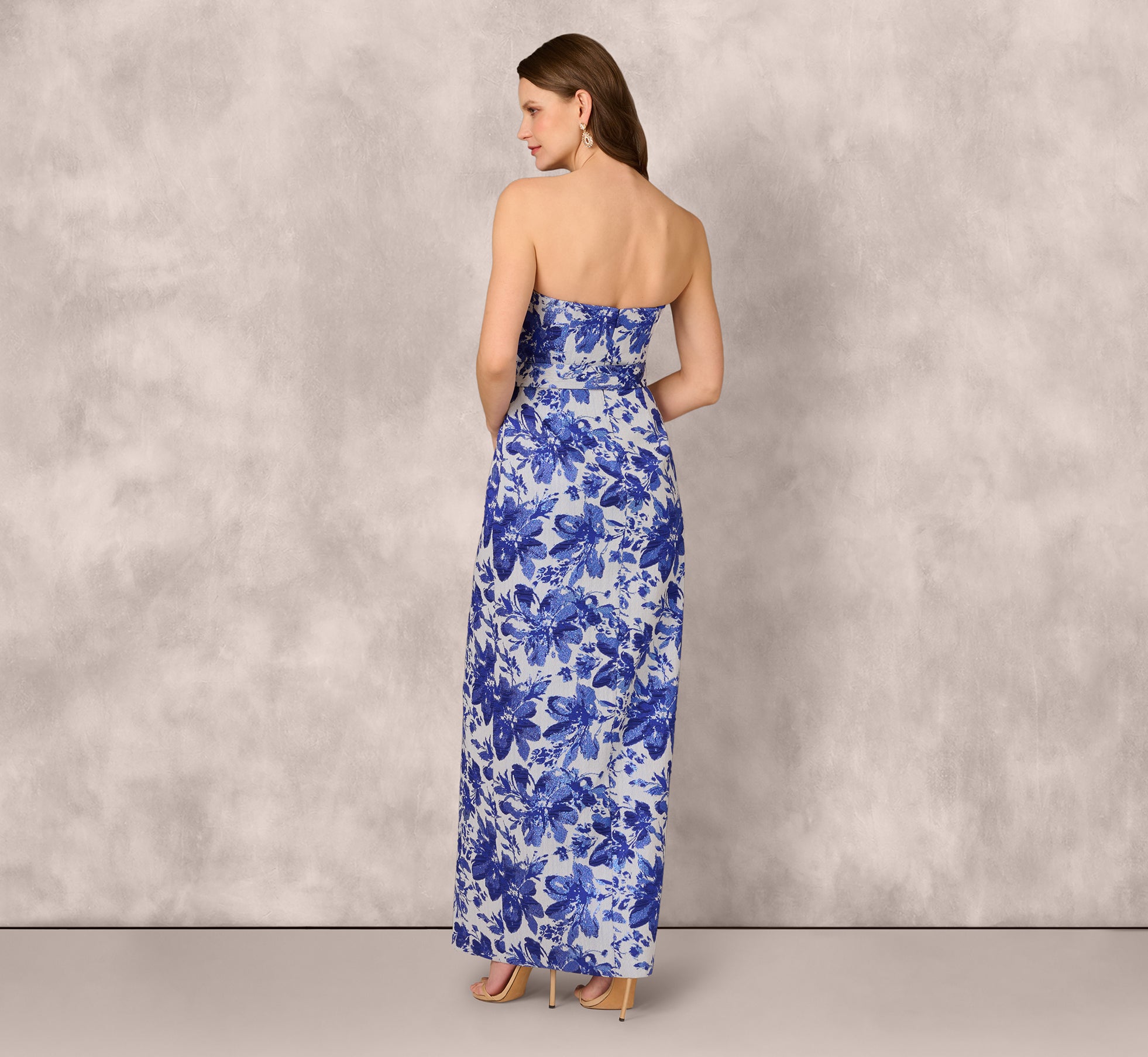 Strapless Belted Floral Jacquard Column Gown In Rich Royal、mySite、solidvoid