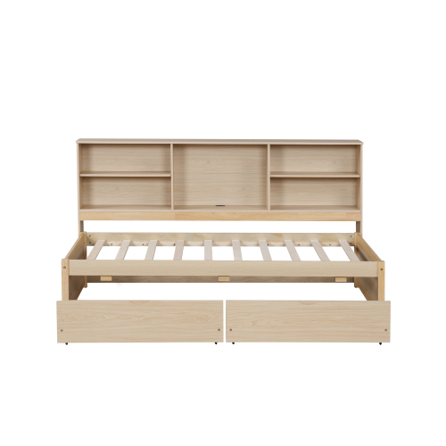 Twin Size Bed Frame With Side Bookshelves, Two Drawers, And Built-in USB Port For Natural Color、、xpatfood