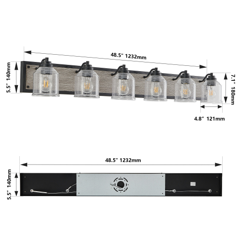 40&quot; Farmhouse Vanity Light Fixture, 5-Light Bathroom Wall Sconce with Clear Seeded Glass Shades, Black and Wood Grain Finish, Modern Industrial Design for Bathroom or Powder Room (No Bulbs)、、eastwooduniform